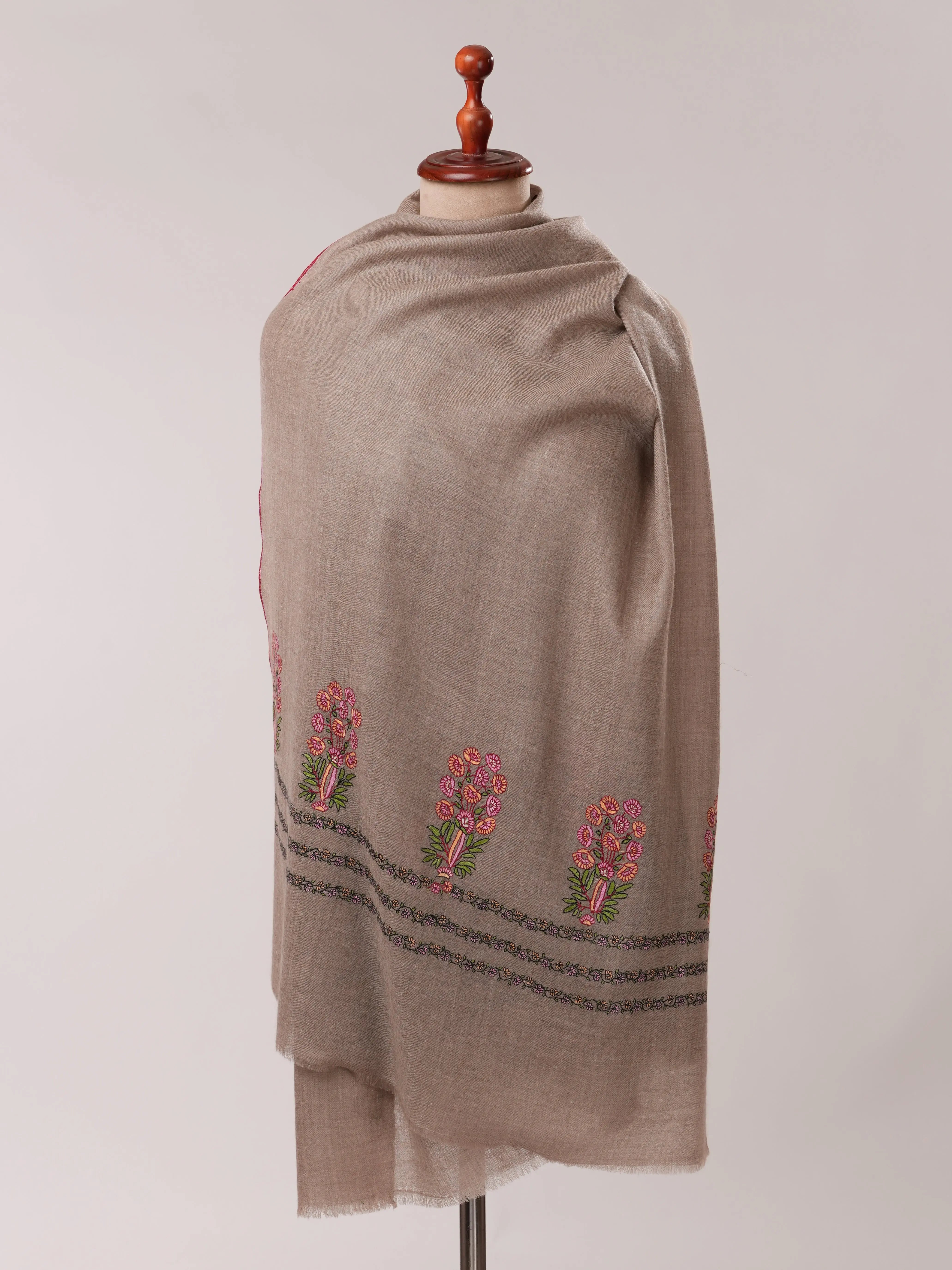 Natural Grey Cashmere Scarf with Palla Mughal Motif Hand Embroidery Shahkaar.com