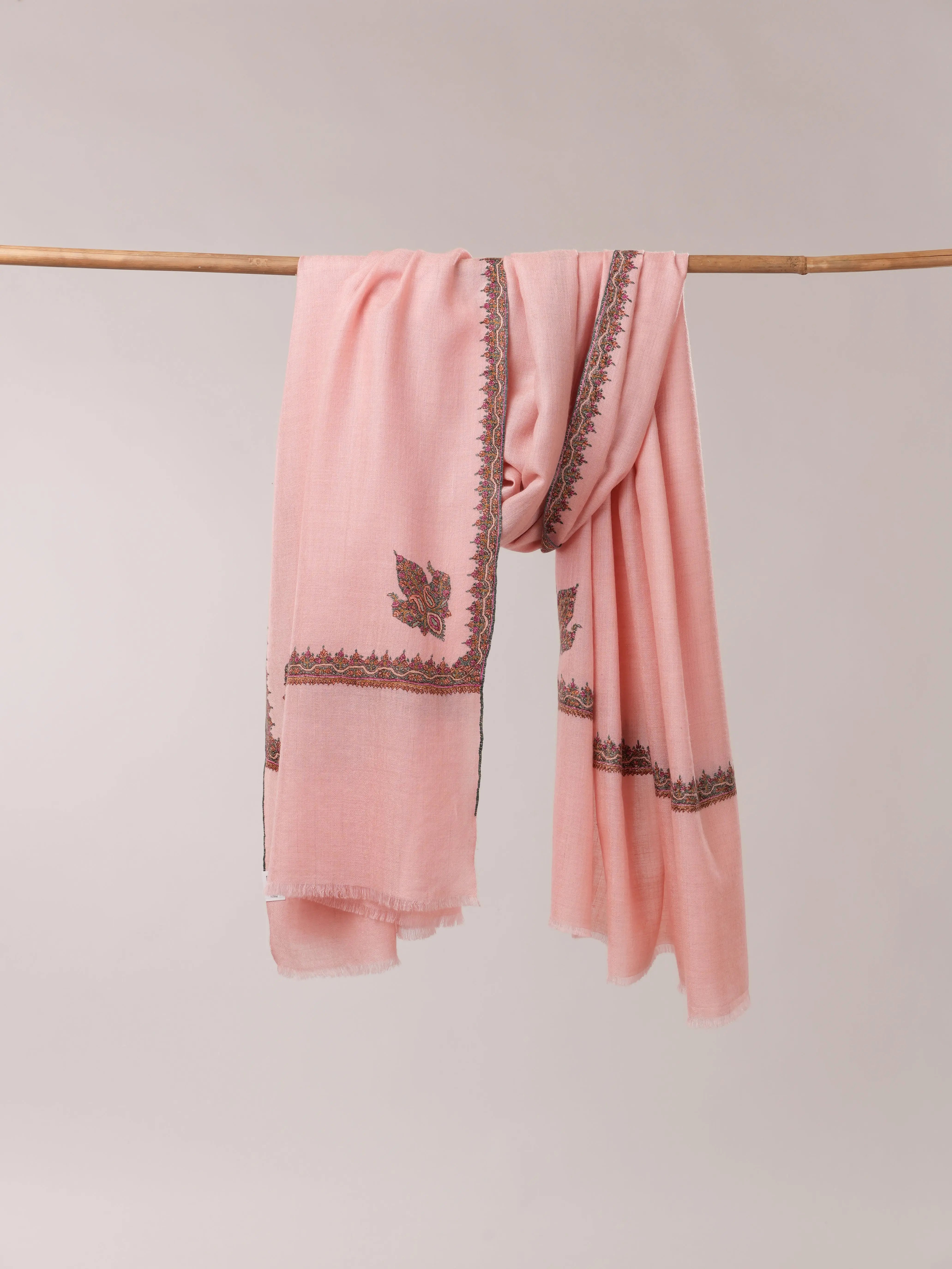 Baby Pink Pashmina Shawl with Classic Hashia Hand Embroidery Shahkaar.com