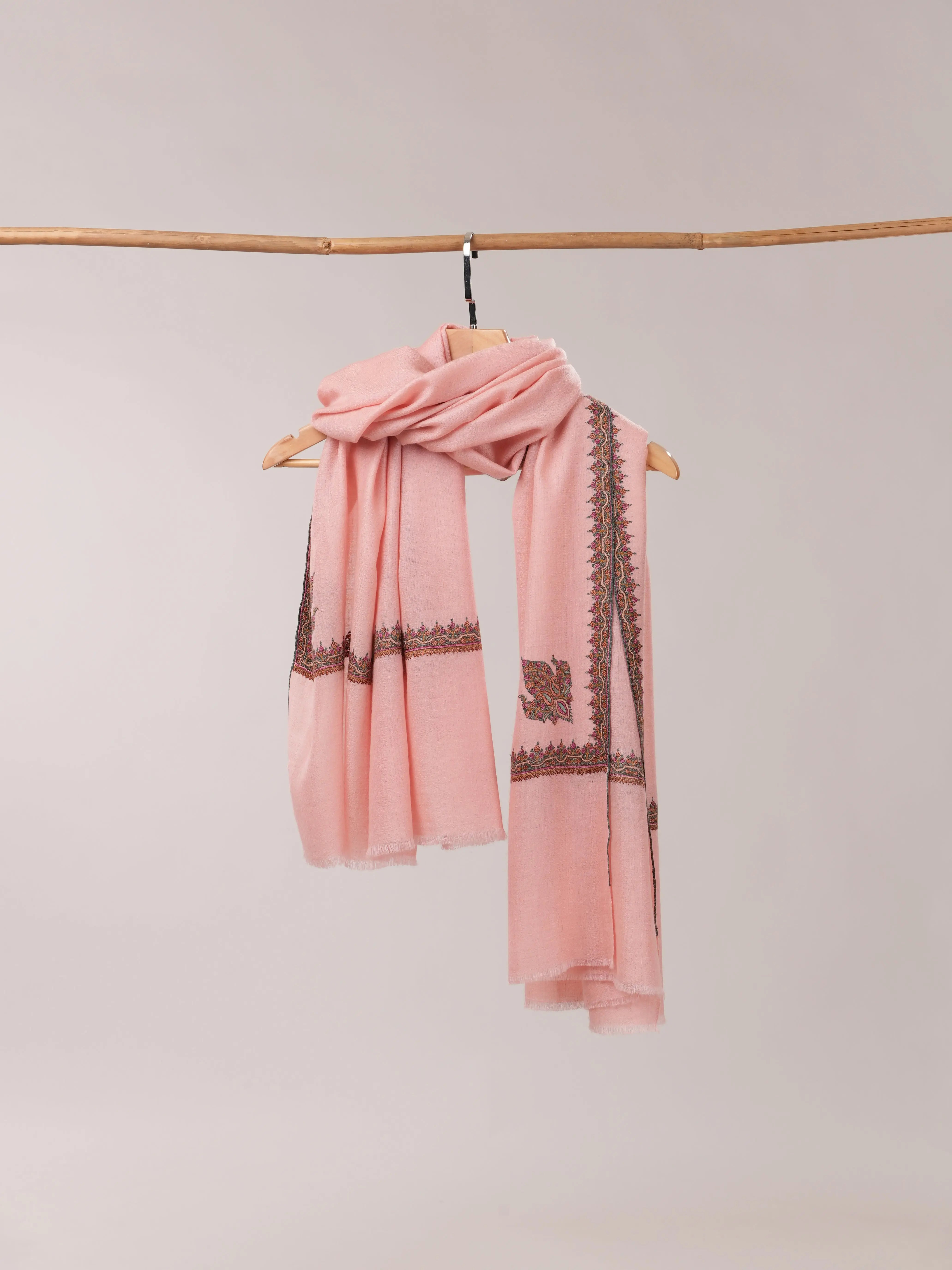 Baby Pink Pashmina Shawl with Classic Hashia Hand Embroidery Shahkaar.com