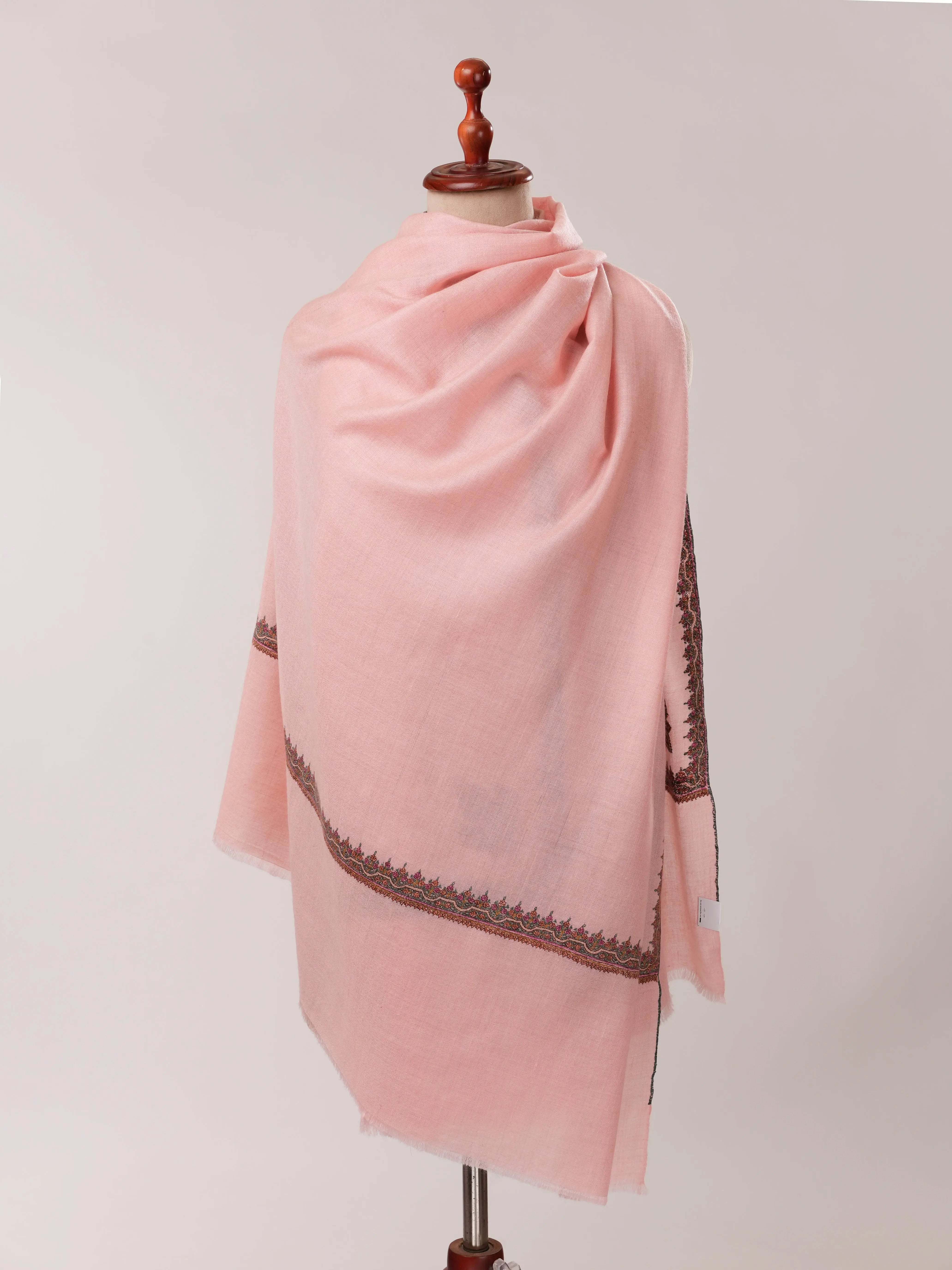 Baby Pink Pashmina Shawl with Classic Hashia Hand Embroidery Shahkaar.com