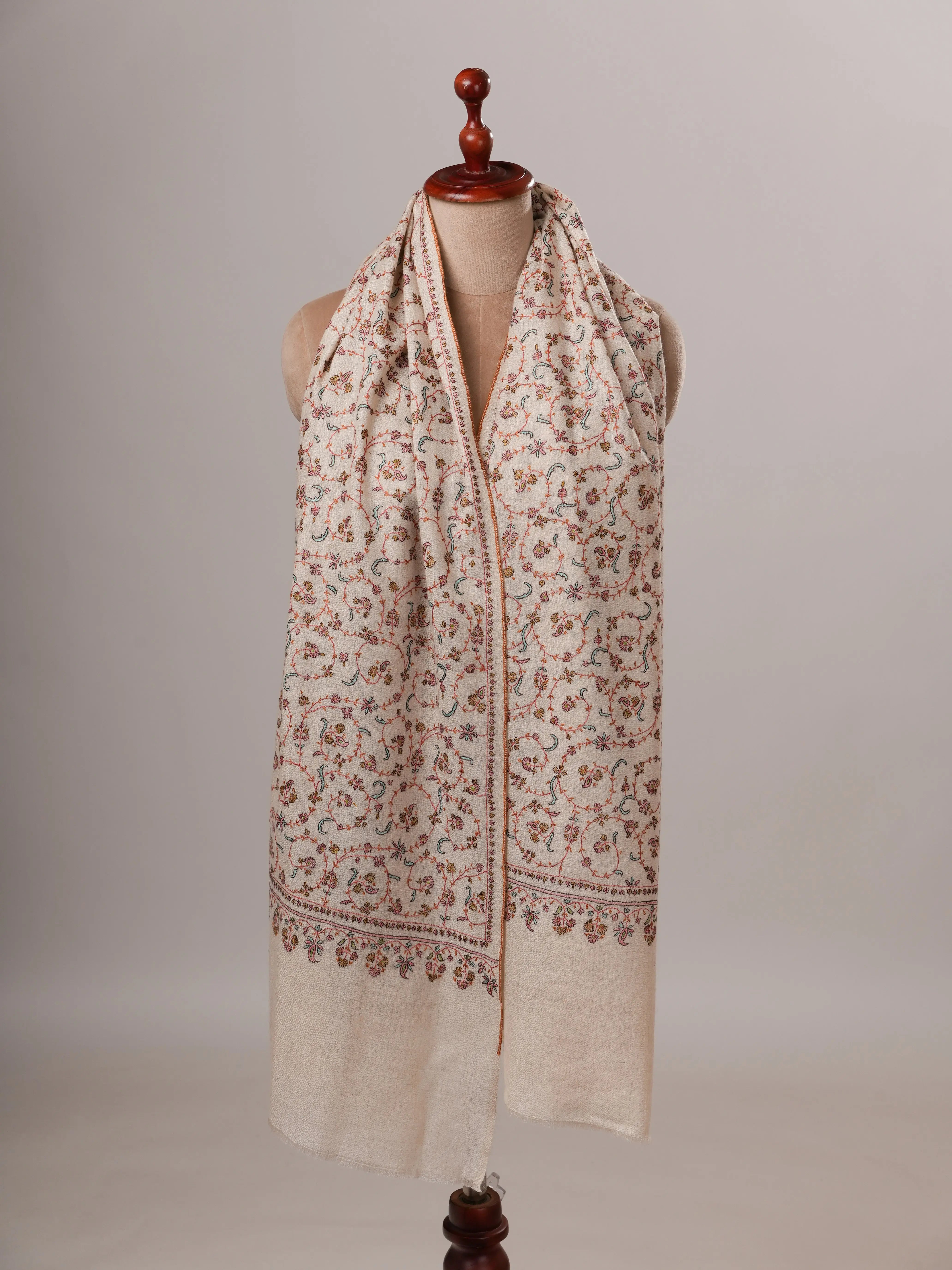 Ivory All Over Jali Hand Embroidered Pure Pashmina Shawl Shahkaar Global