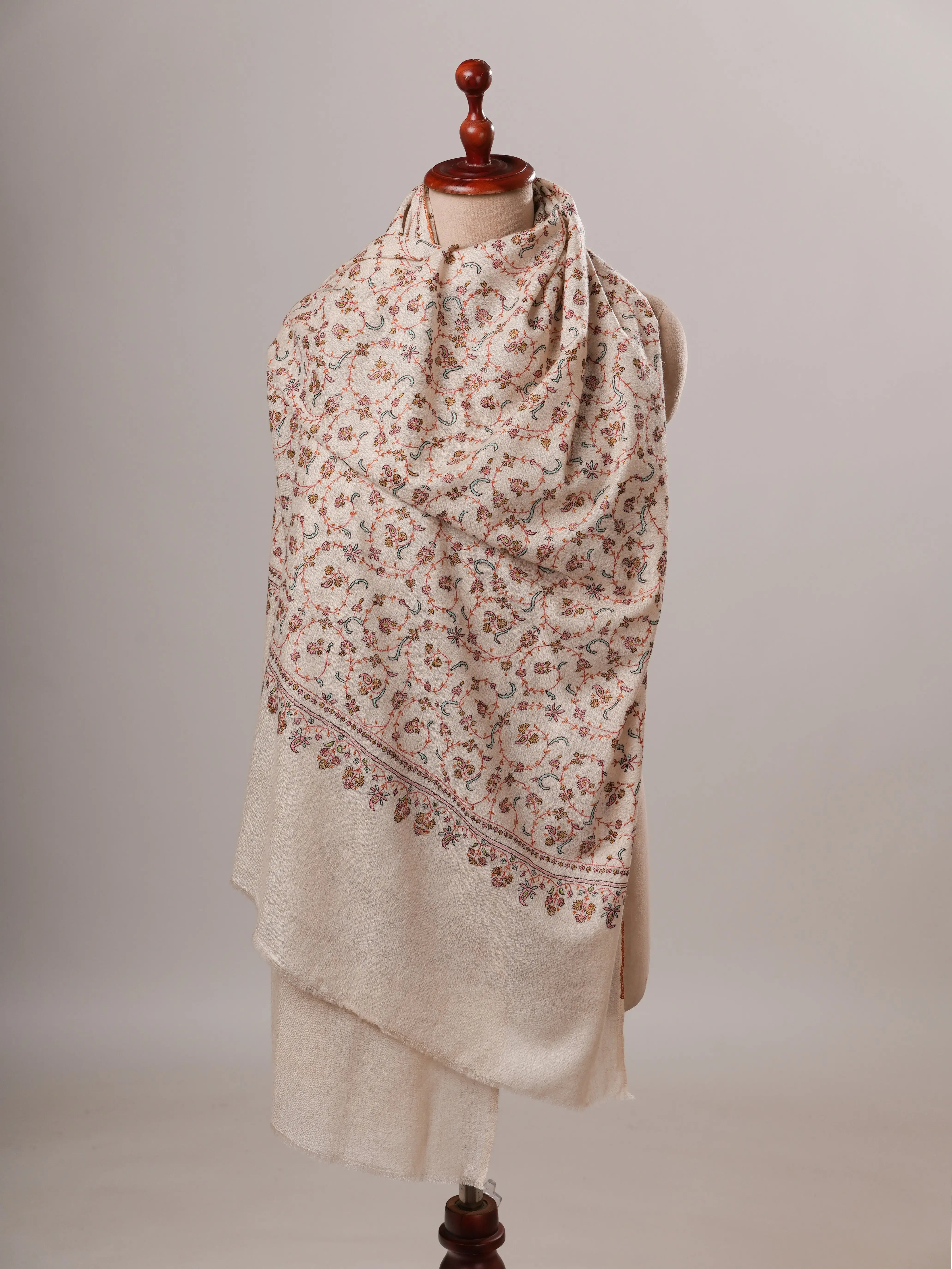Ivory All Over Jali Hand Embroidered Pure Pashmina Shawl Shahkaar Global