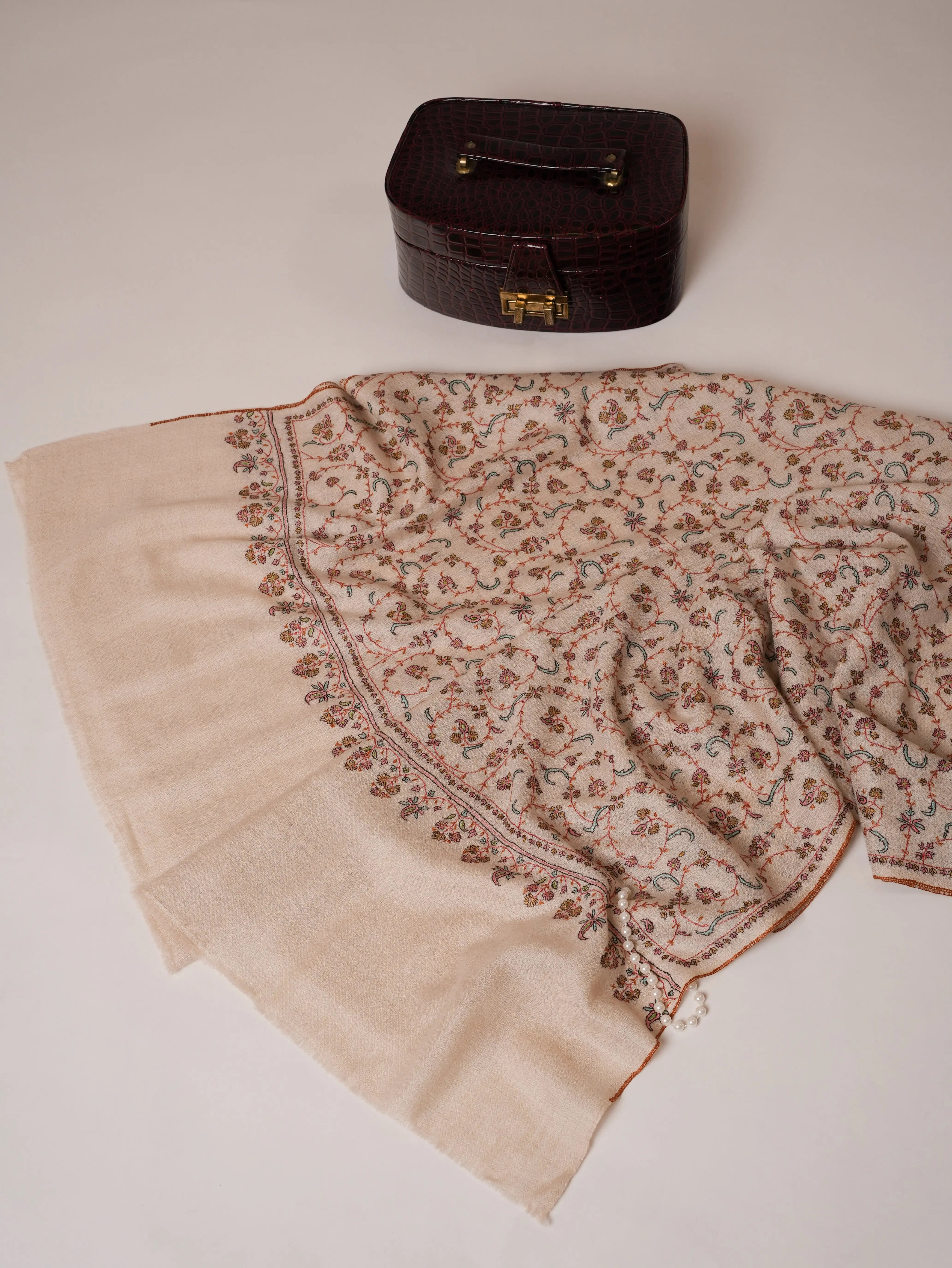Ivory All Over Jali Hand Embroidered Pure Pashmina Shawl Shahkaar Global