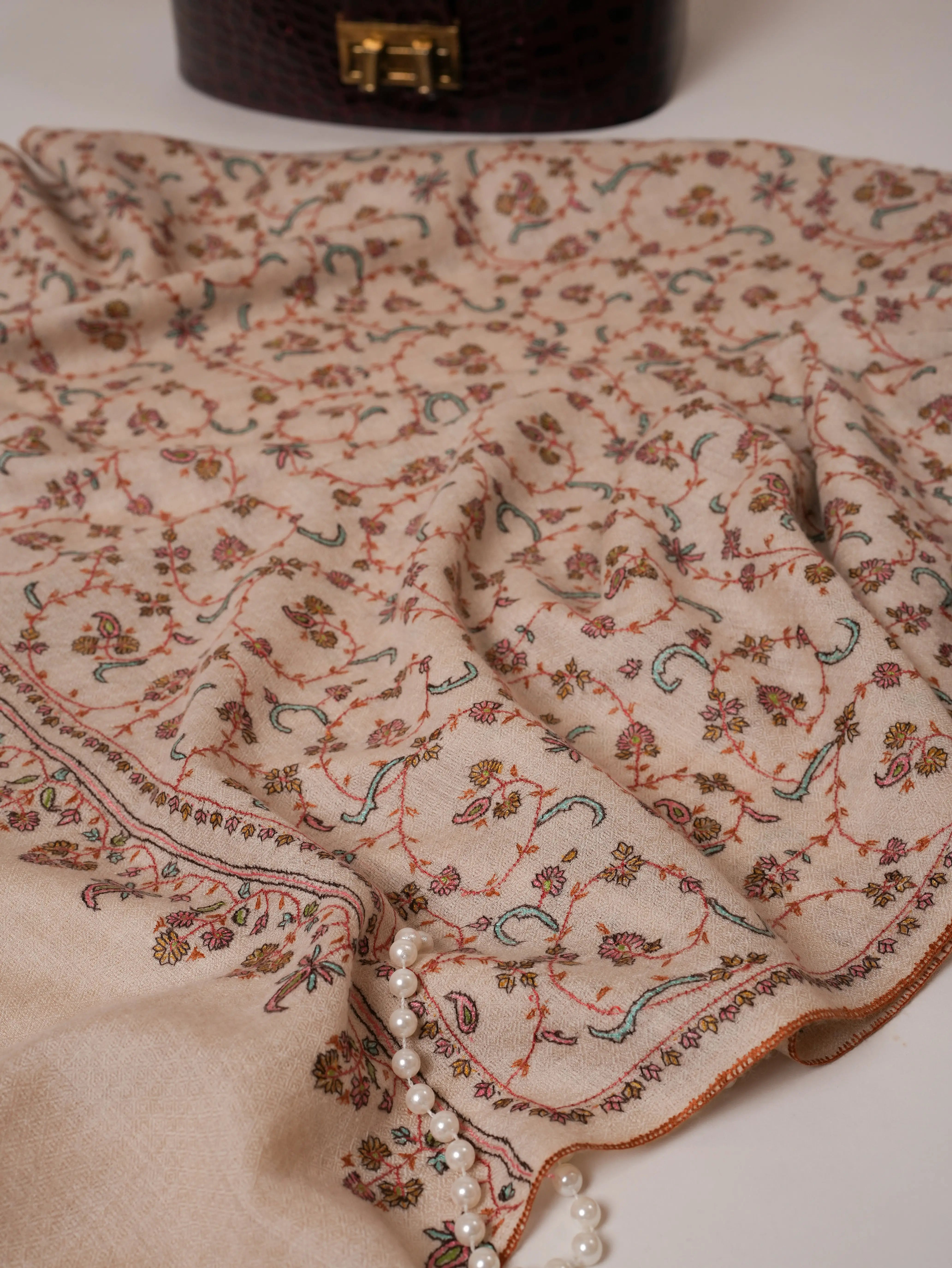 Ivory All Over Jali Hand Embroidered Pure Pashmina Shawl Shahkaar Global