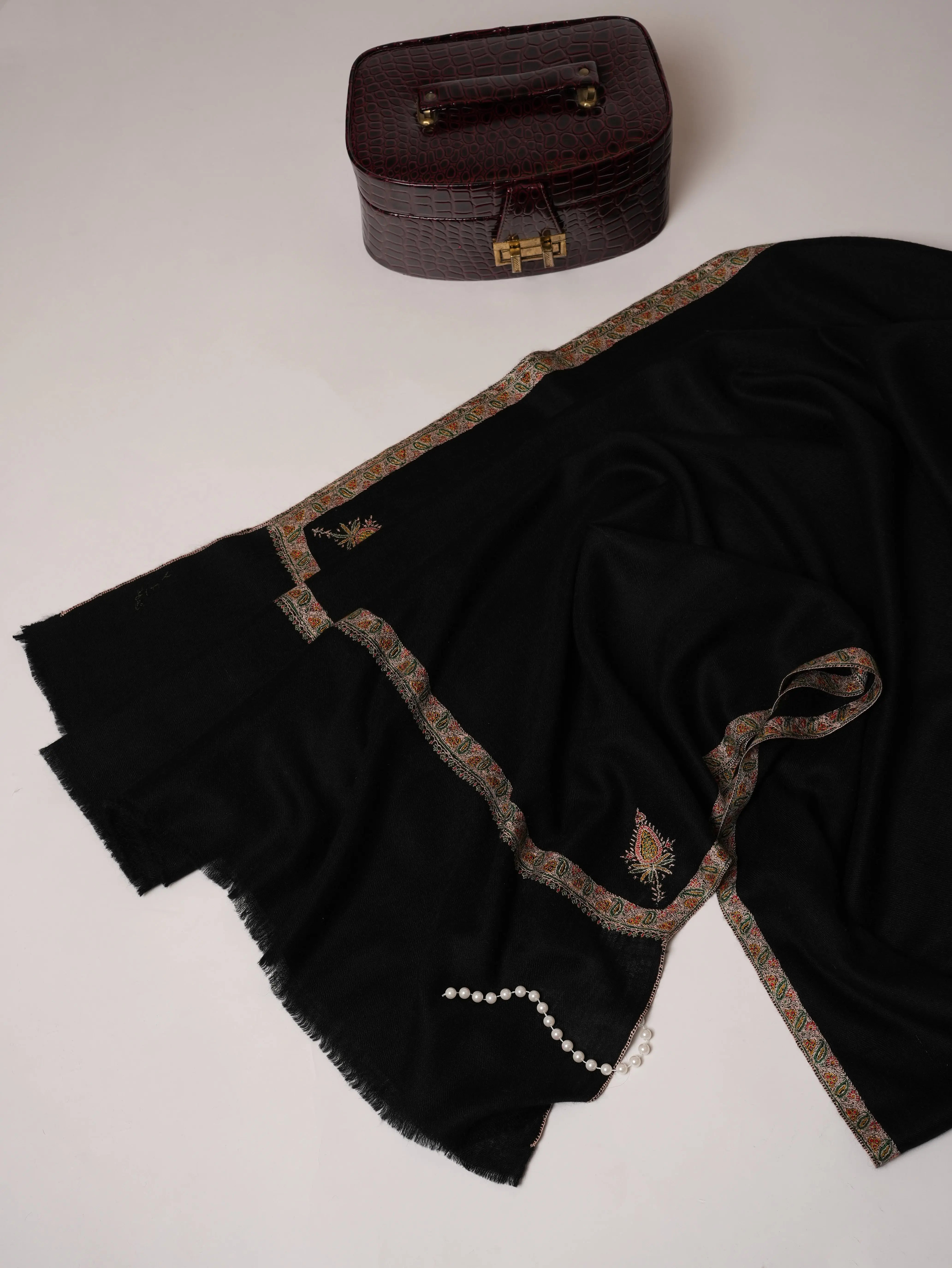 Black Pashmina Shawl with Hashia Hand Embroidery Shahkaar.com