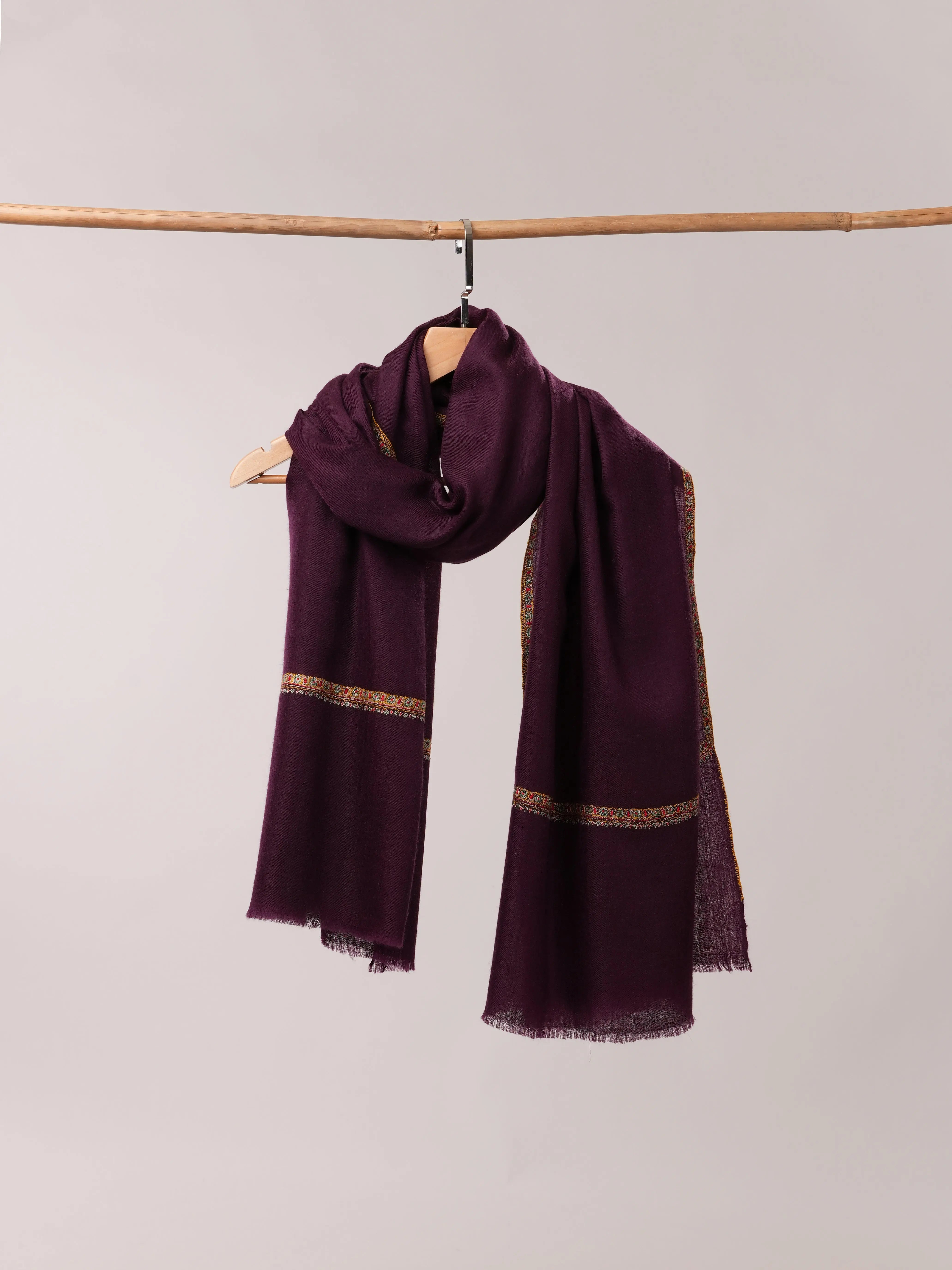 Plum Handwoven Pashmina Shawl with Detailed Hand Embroidery Shahkaar.com