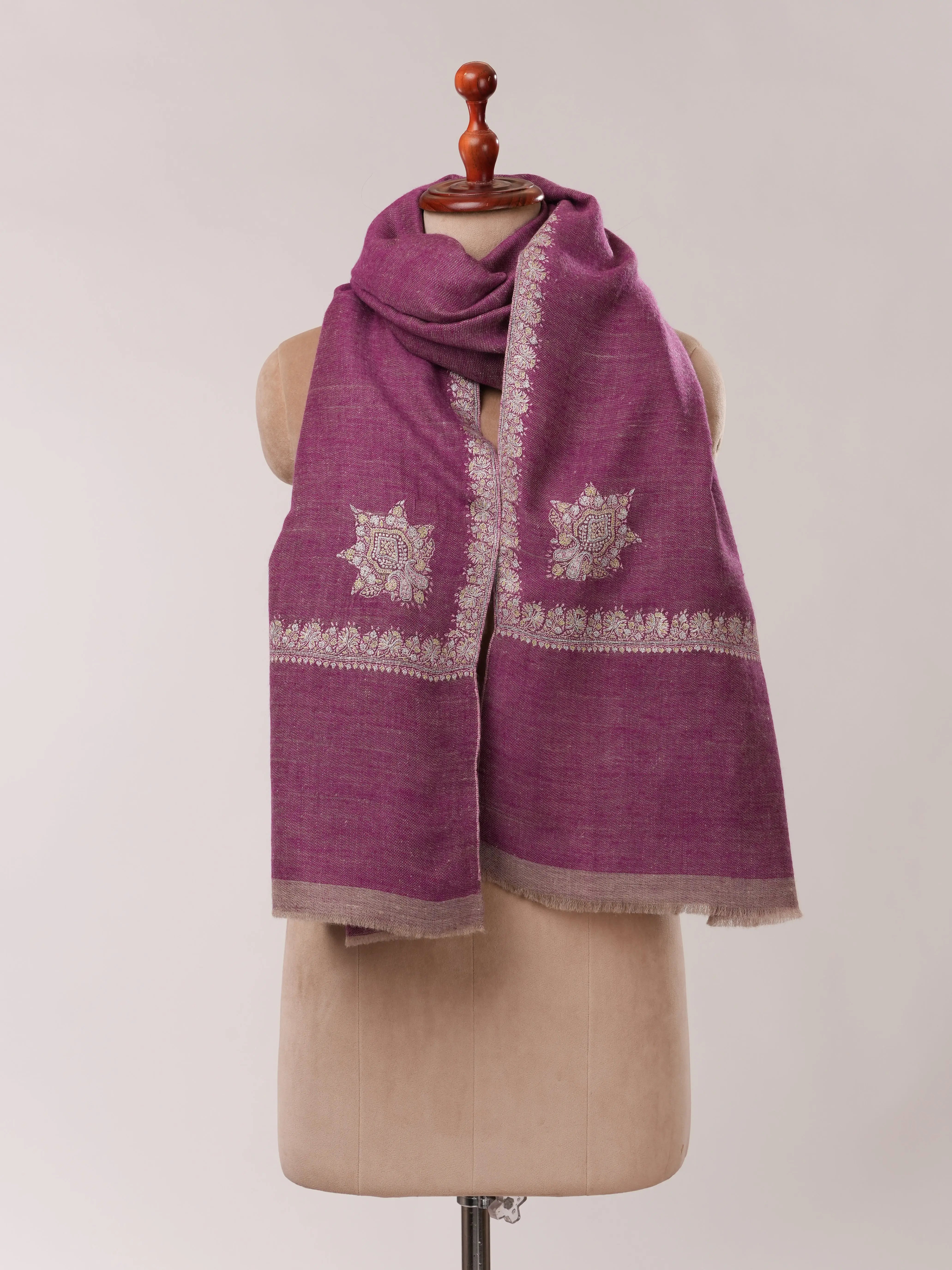 Dual Tone Handwoven Pashmina Shawl with Hashia Hand Embroidery Shahkaar.com