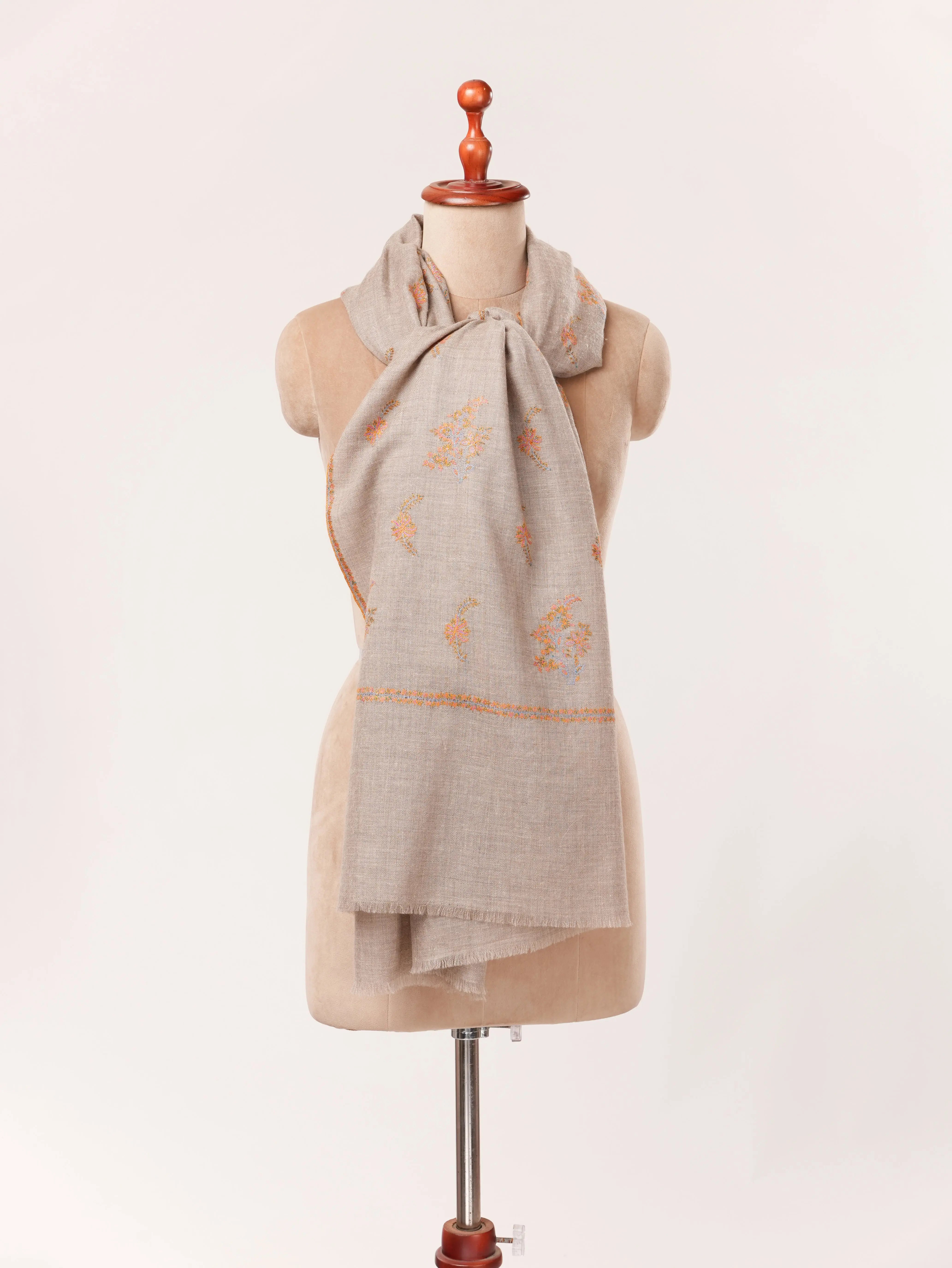 Natural Taupe Baby Soft Pashmina Shawl with Sozni Buteh Embroidery Shahkaar.com