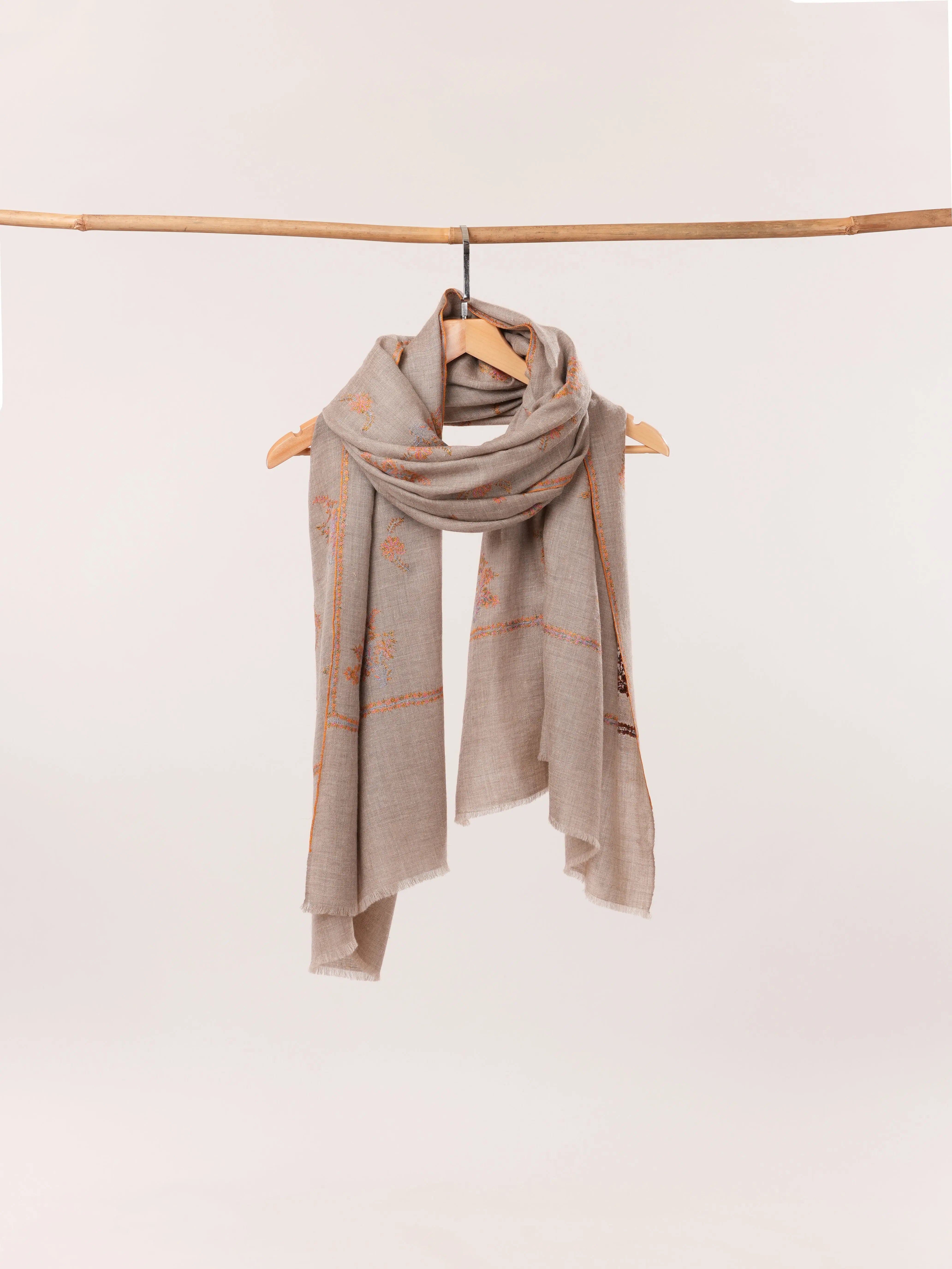 Natural Taupe Baby Soft Pashmina Shawl with Sozni Buteh Embroidery Shahkaar.com