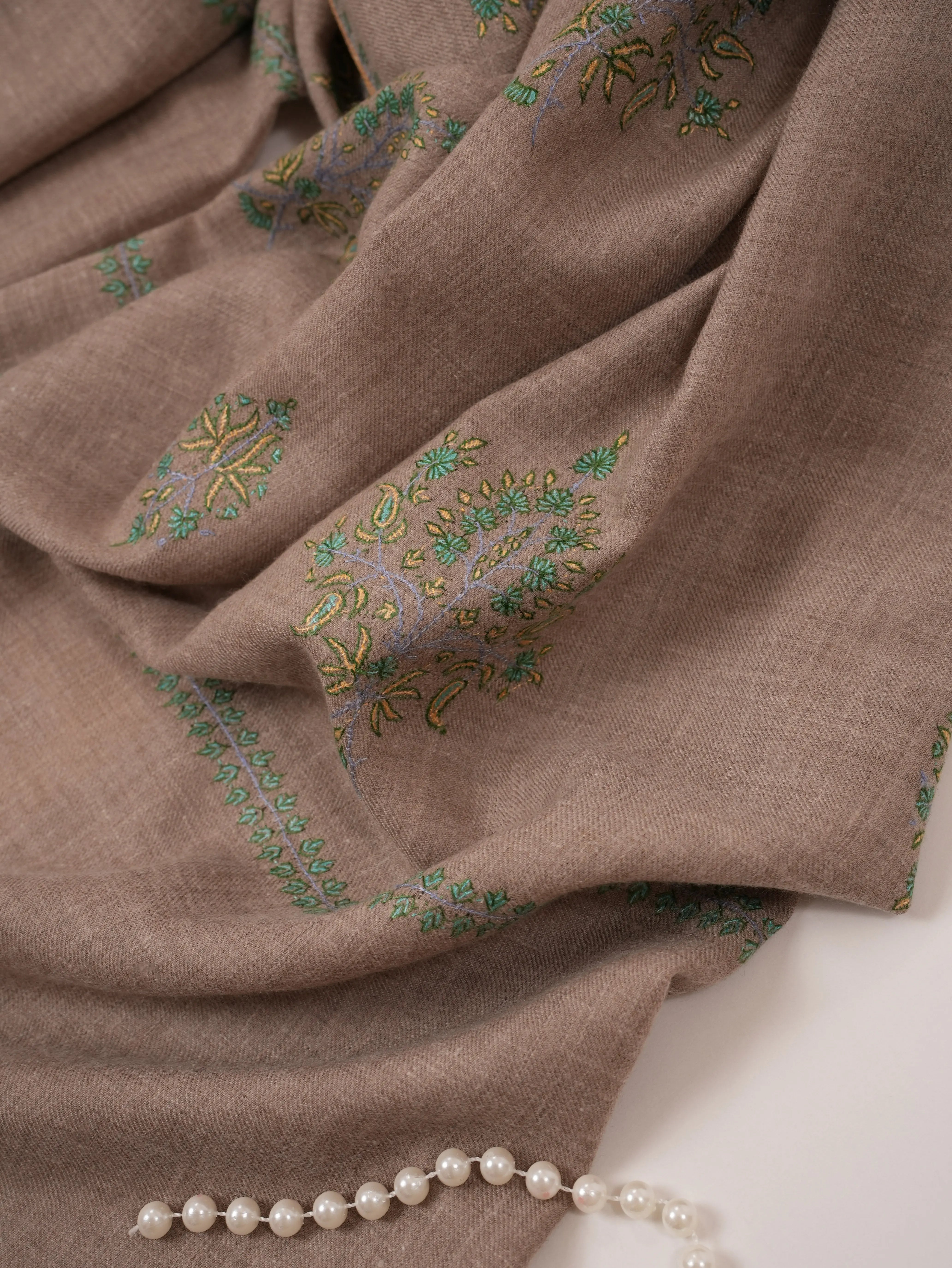 Kashmiri Baildar Buteh Sozni Embroidered Taupe Handwoven Pashmina Shawl Shahkaar.com