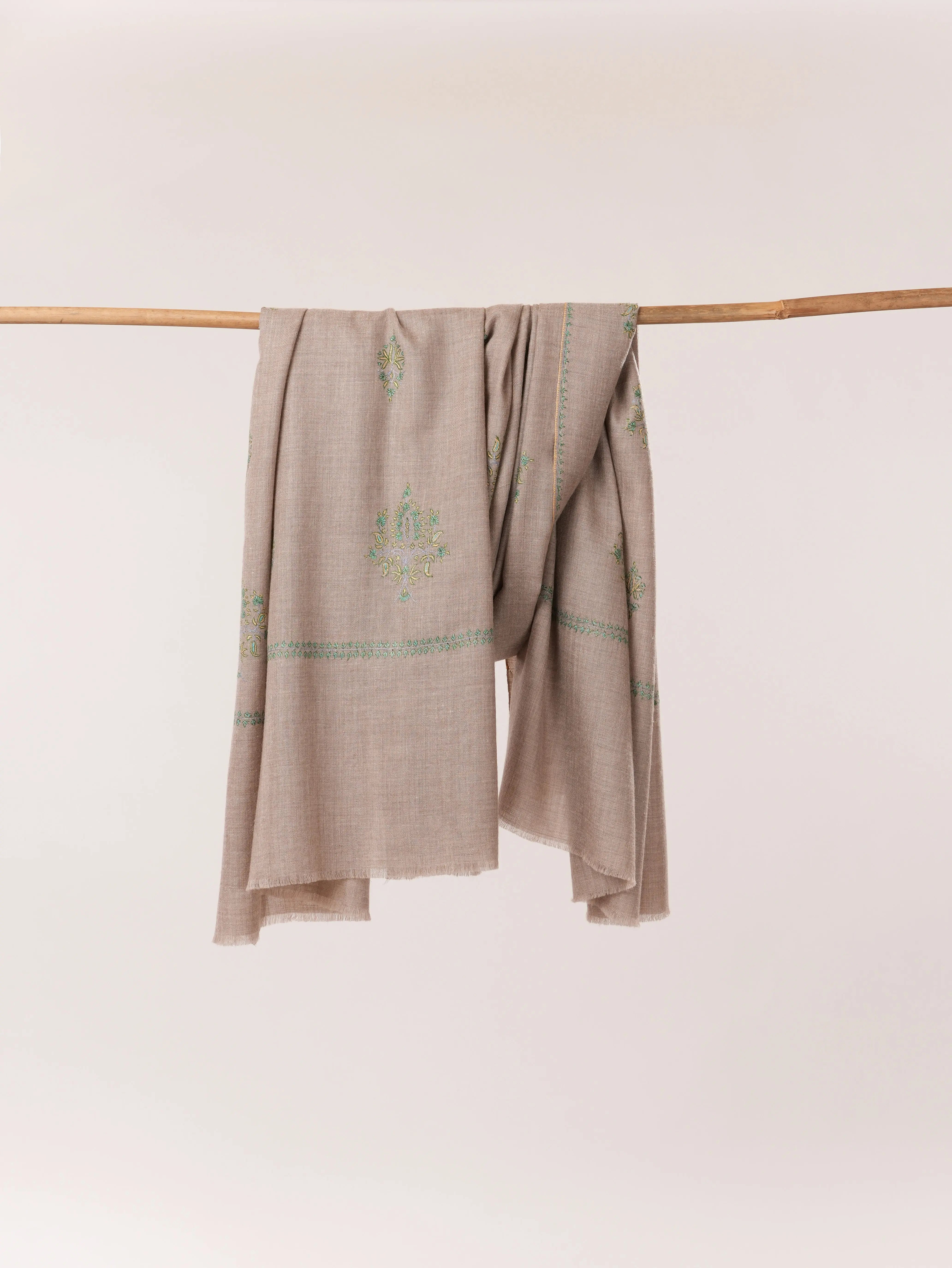 Kashmiri Baildar Buteh Sozni Embroidered Taupe Handwoven Pashmina Shawl Shahkaar.com