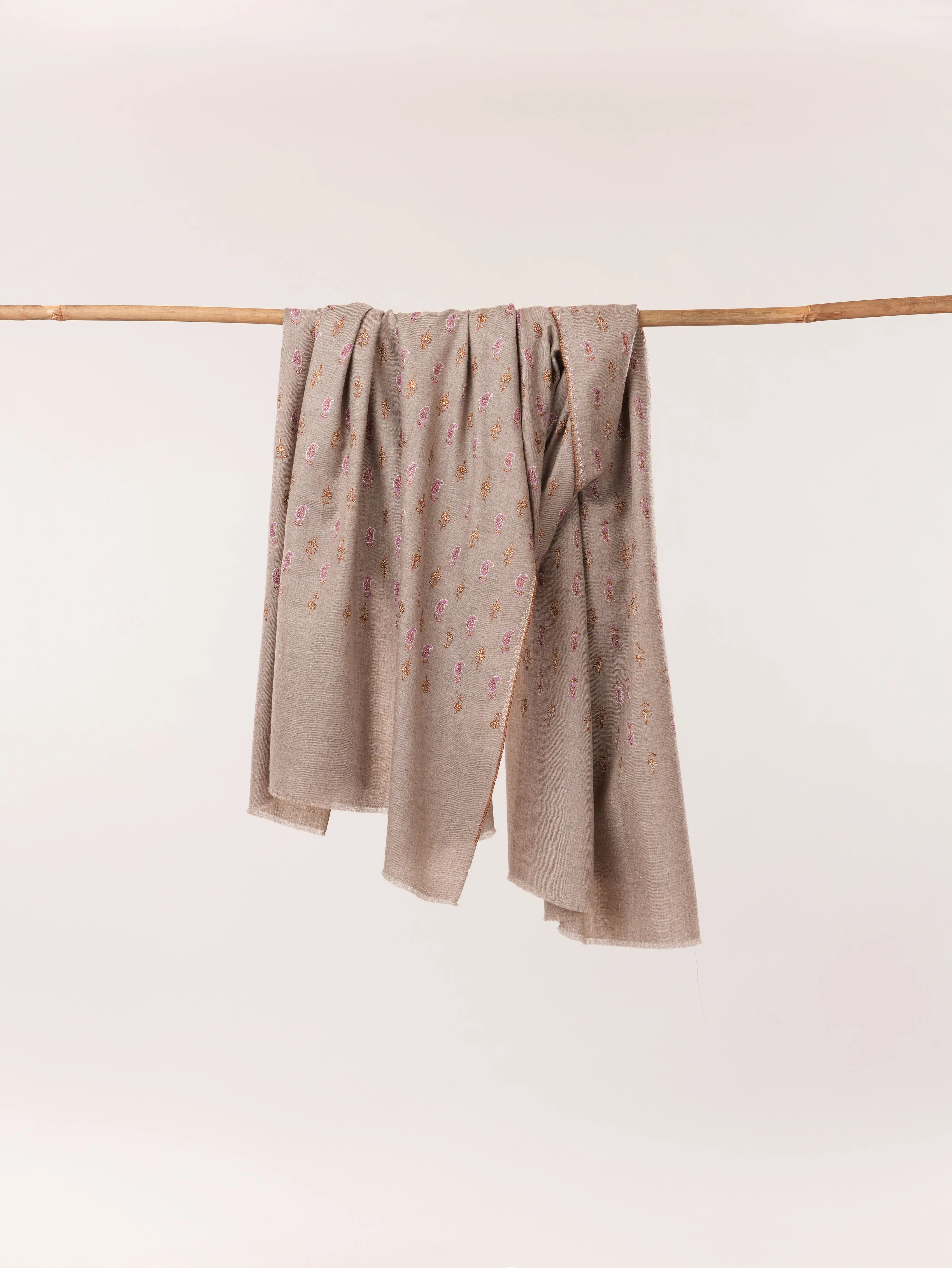 Paisley Floral Buteh Sozni Work Shawl in Beige Taupe Pure Pashmina from Kashmir Shahkaar.com