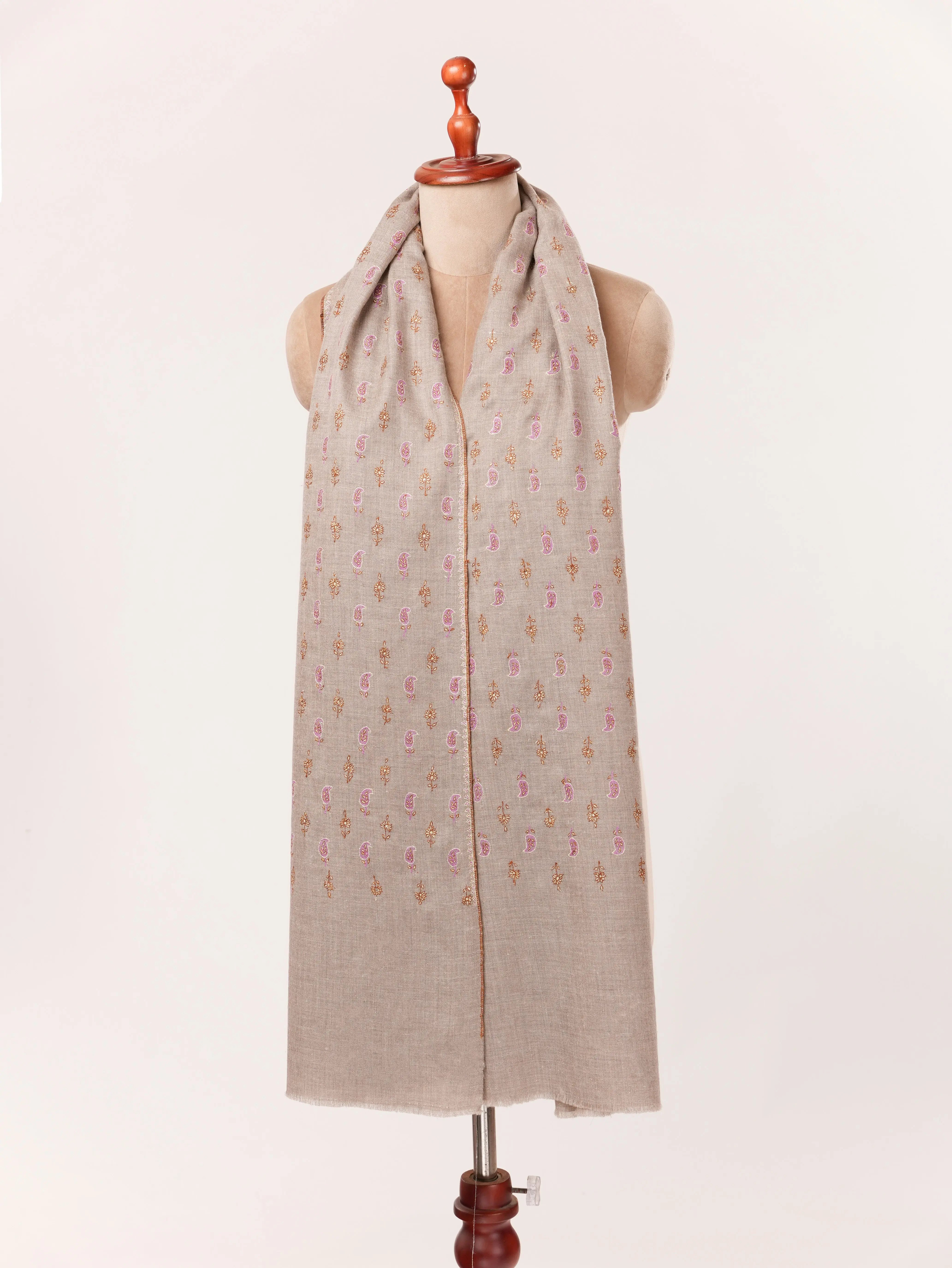 Paisley Floral Buteh Sozni Work Shawl in Beige Taupe Pure Pashmina from Kashmir Shahkaar.com
