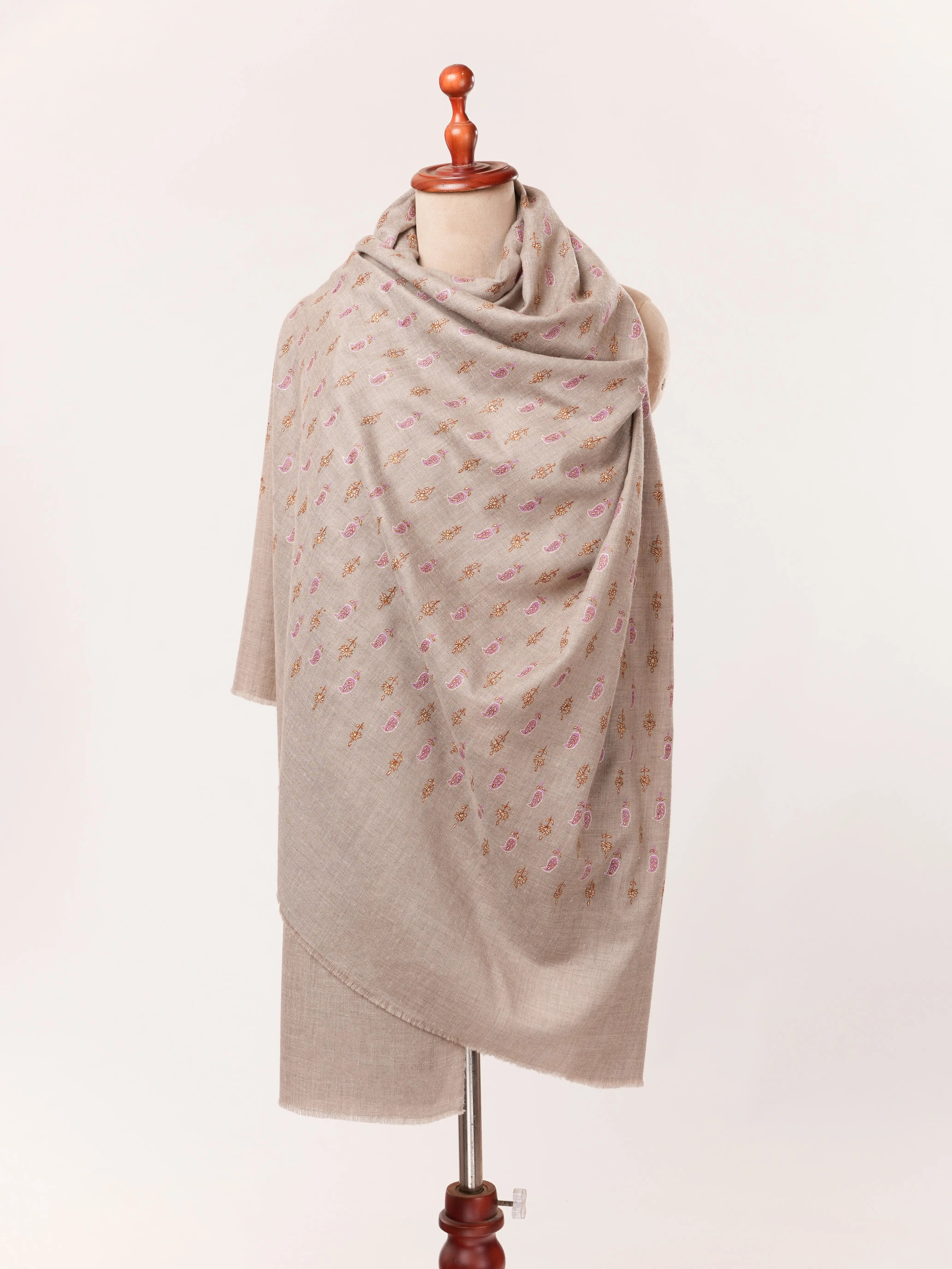 Paisley Floral Buteh Sozni Work Shawl in Beige Taupe Pure Pashmina from Kashmir Shahkaar.com