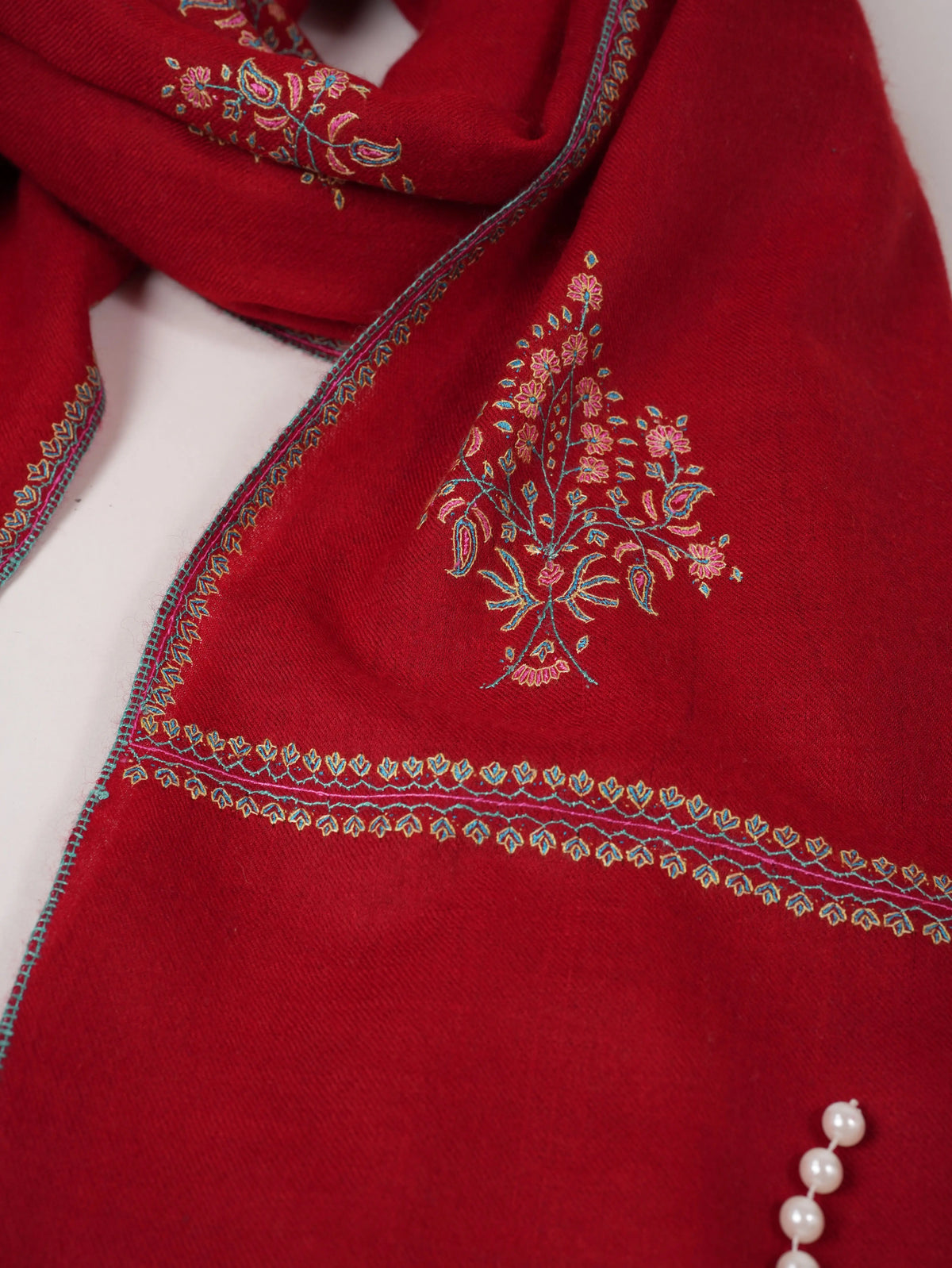 Red Handwoven Pure Pashmina Shawl with Buteh Hand Embroidery