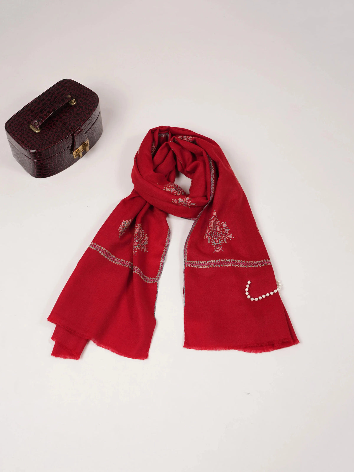 Red Handwoven Pure Pashmina Shawl with Buteh Hand Embroidery