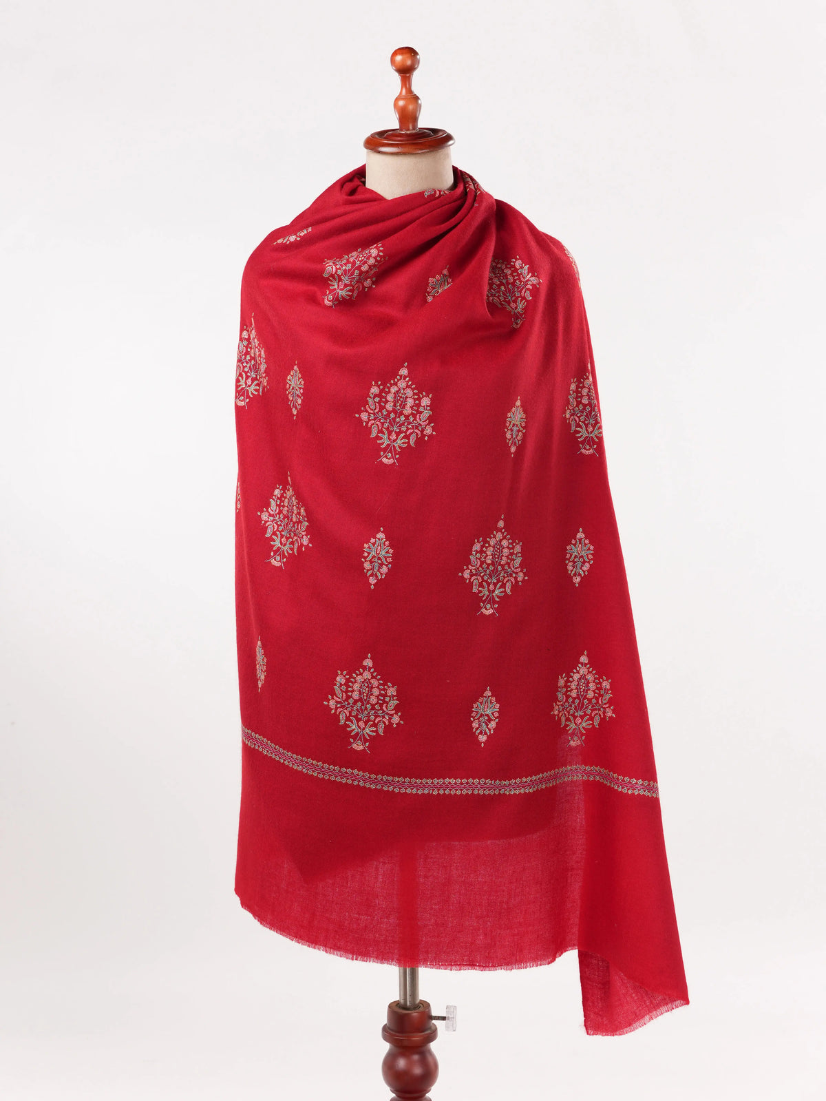 Red Handwoven Pure Pashmina Shawl with Buteh Hand Embroidery