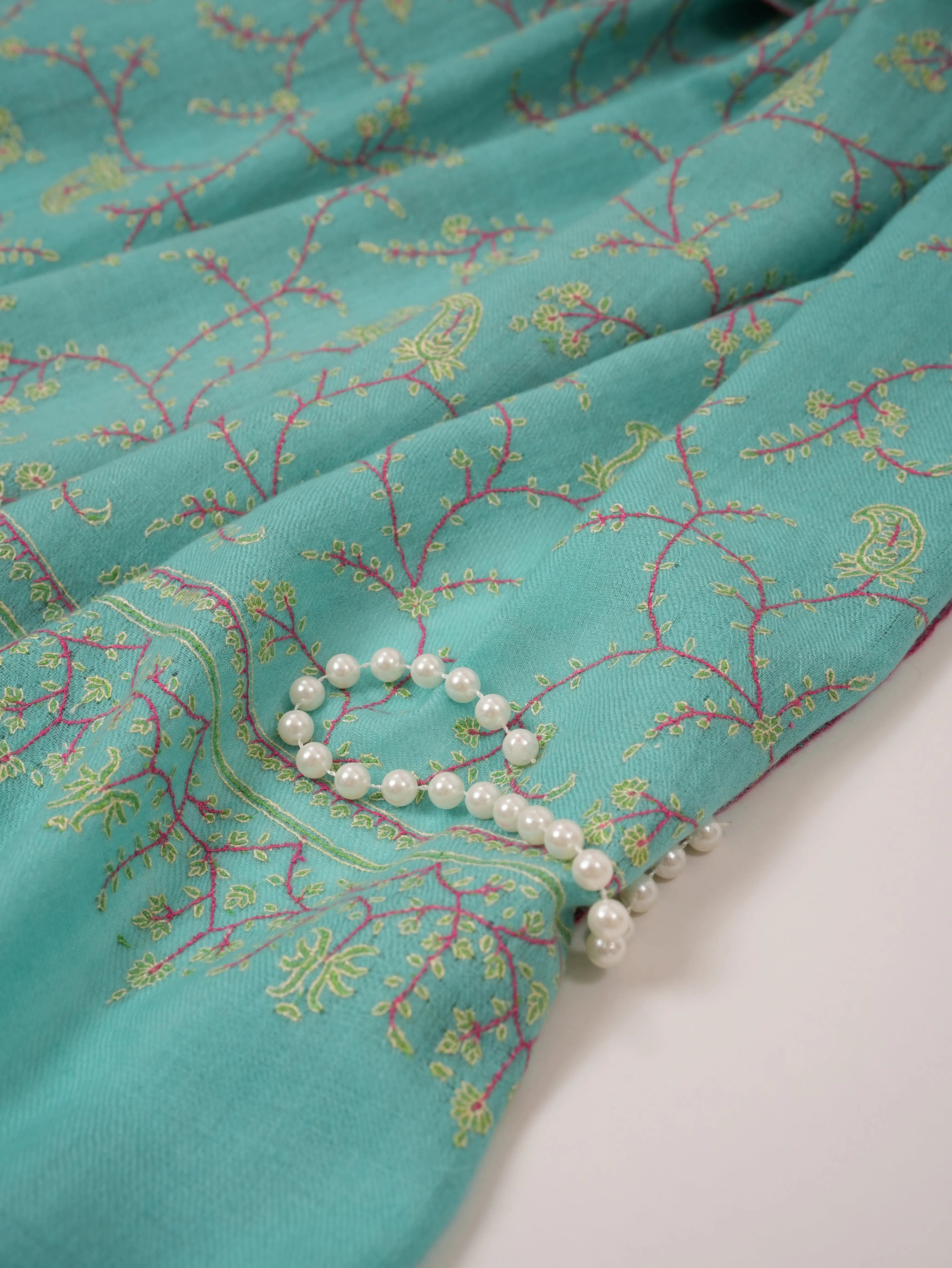 Sky Blue Hand Embroidered Baby Soft Cashmere Scarf Shahkaar.com