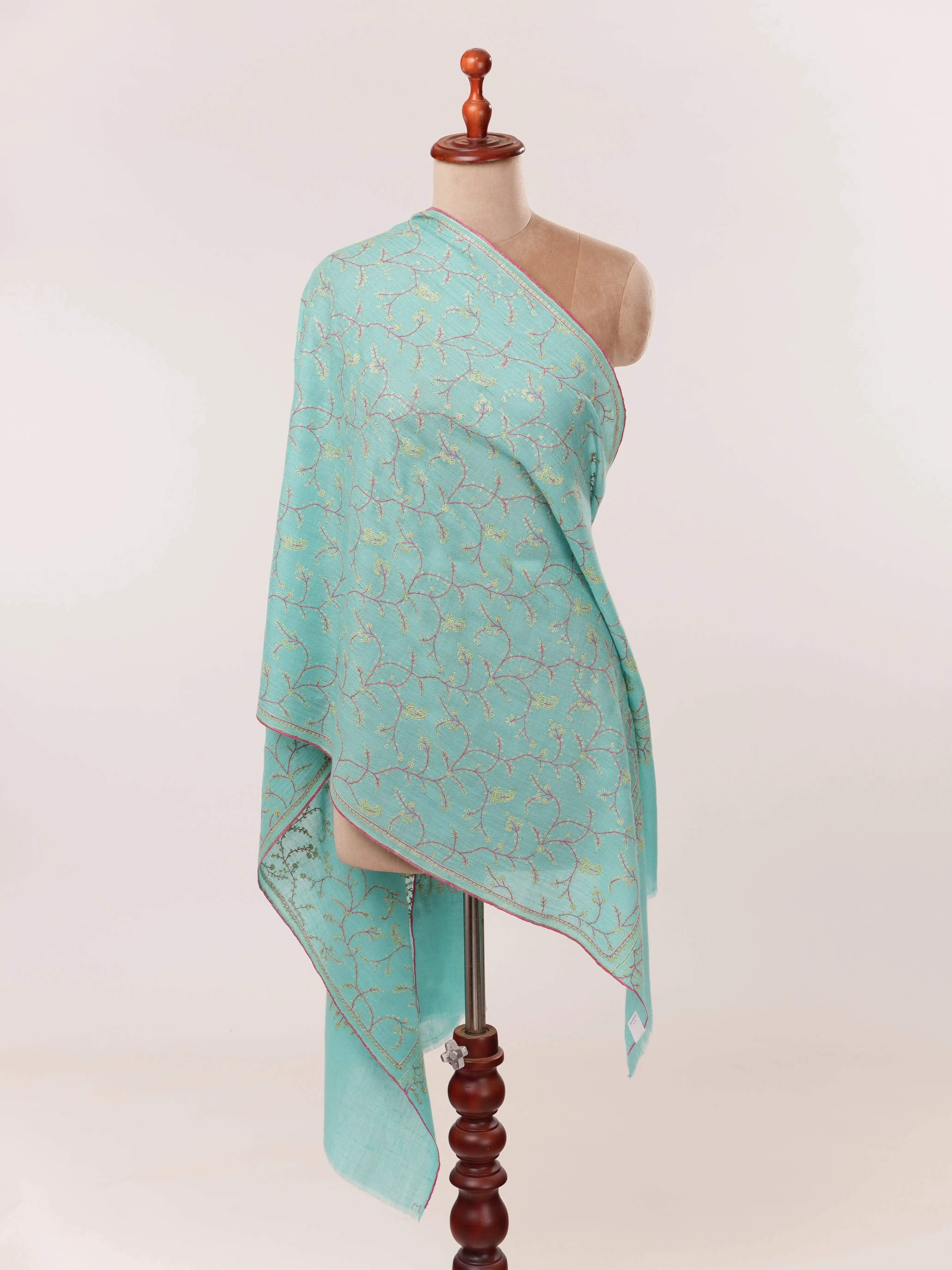Sky Blue Hand Embroidered Baby Soft Cashmere Scarf Shahkaar.com
