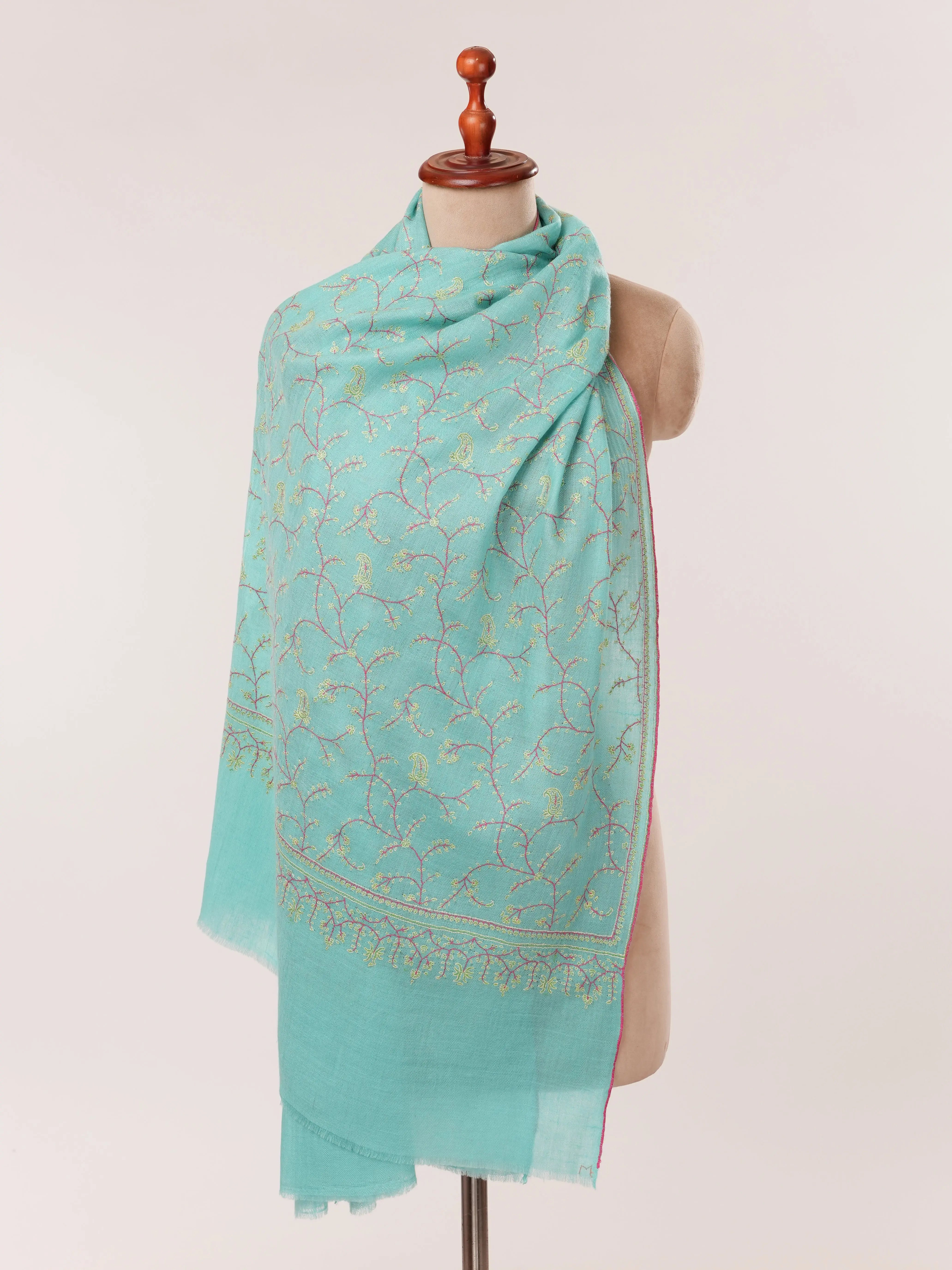 Sky Blue Hand Embroidered Baby Soft Cashmere Scarf Shahkaar.com
