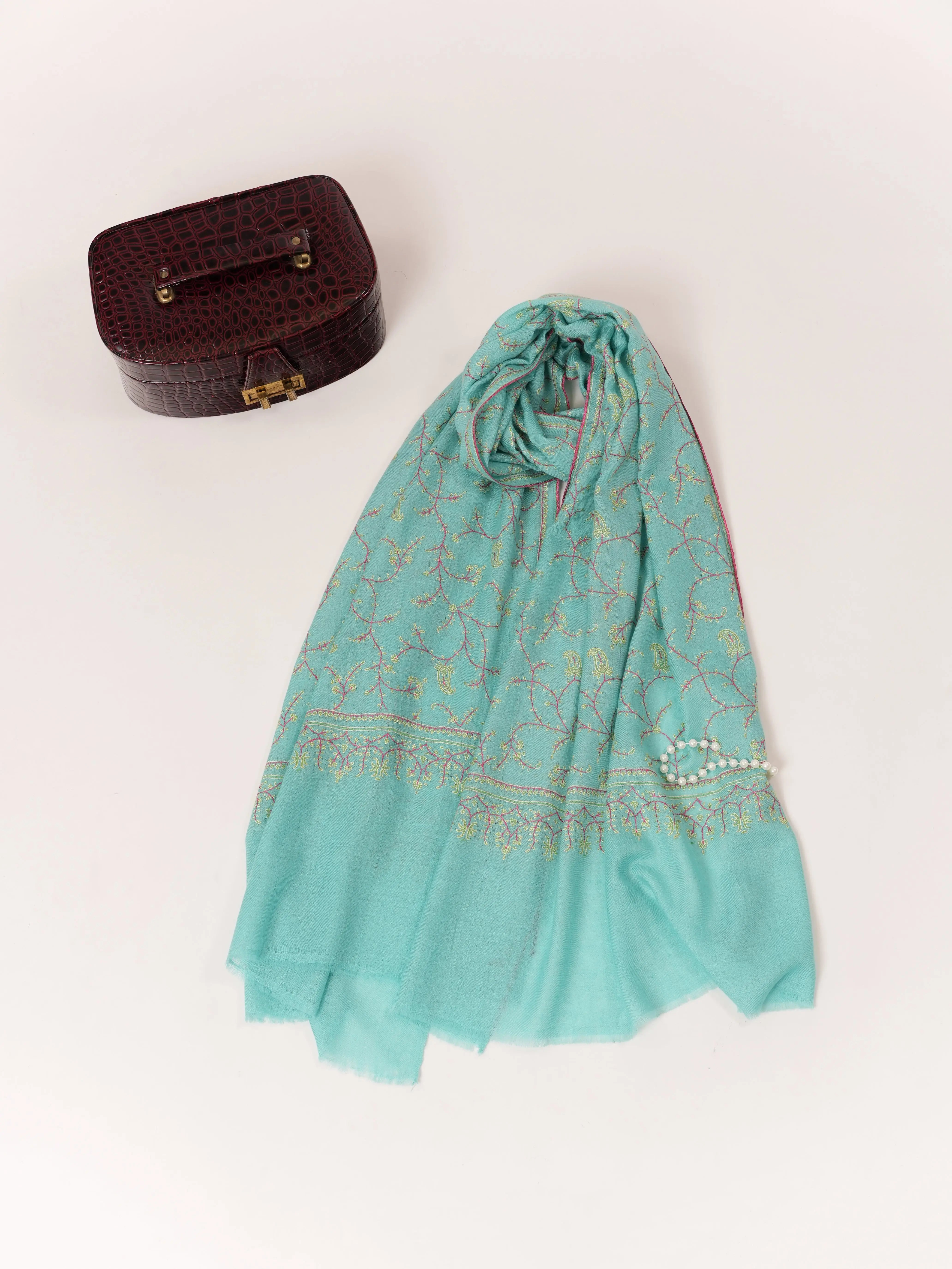 Sky Blue Hand Embroidered Baby Soft Cashmere Scarf Shahkaar.com