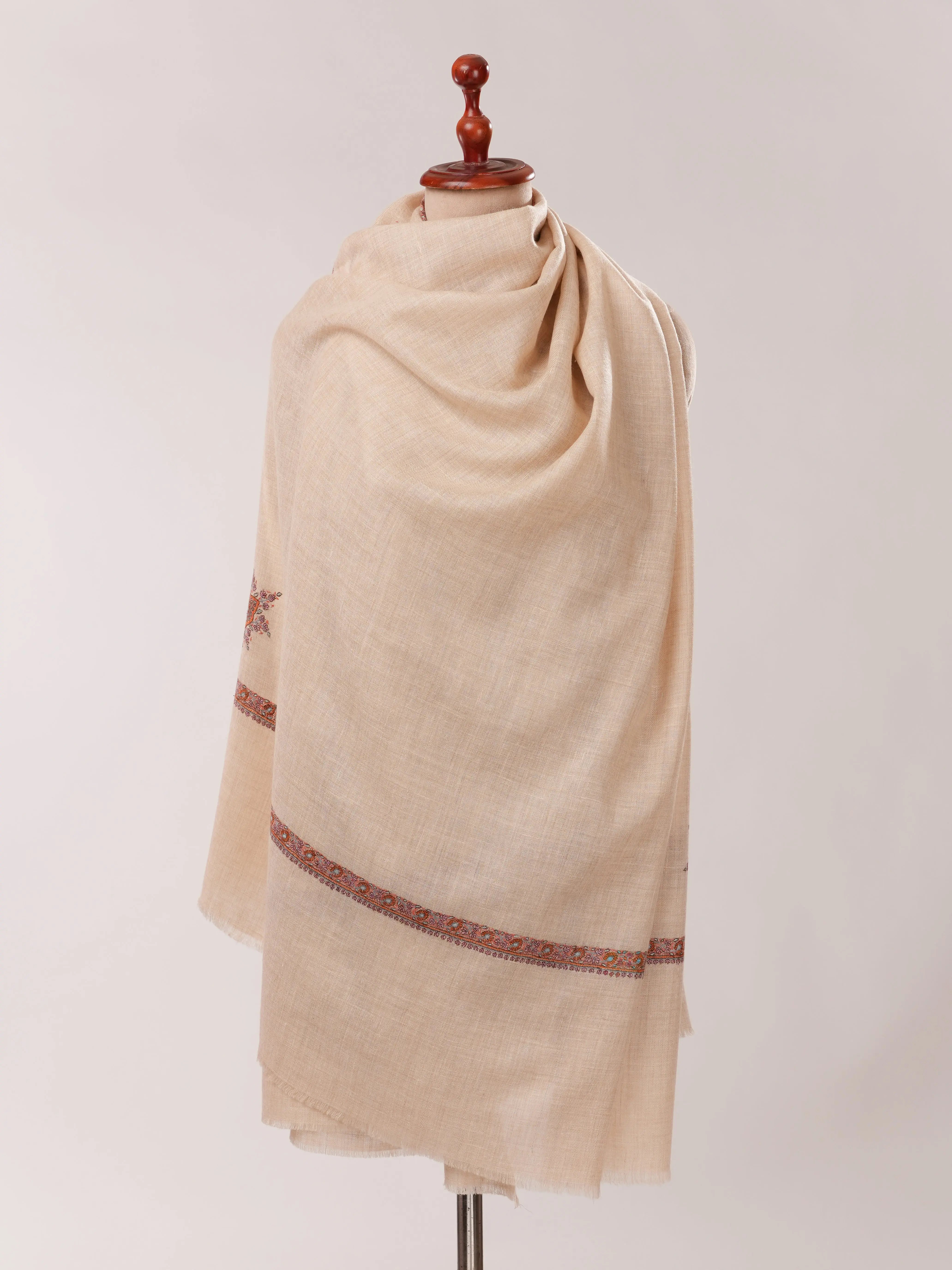 Cream Pashmina Shawl with Sozni Hand Embroidery Shahkaar.com