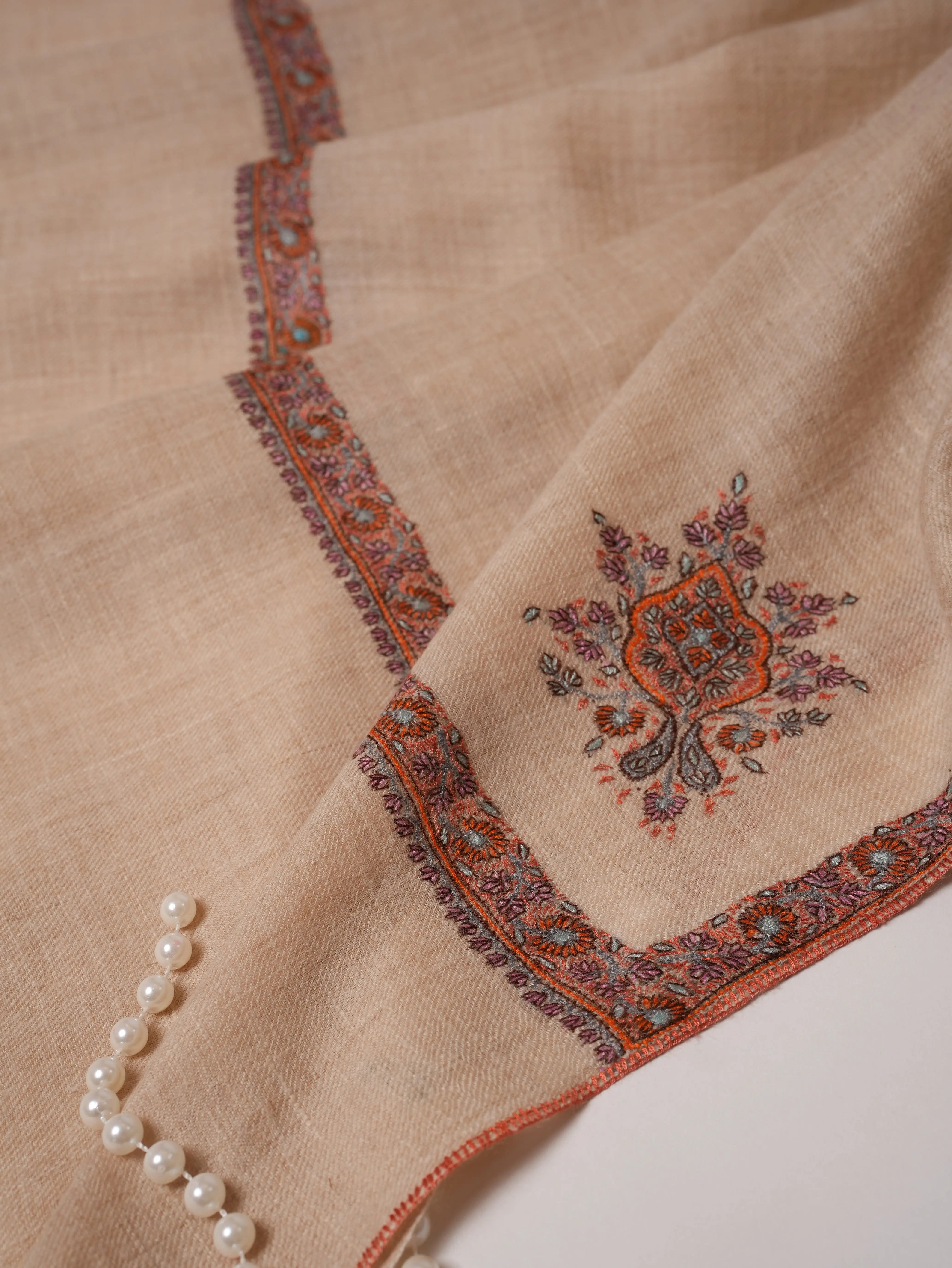Cream Pashmina Shawl with Sozni Hand Embroidery Shahkaar.com