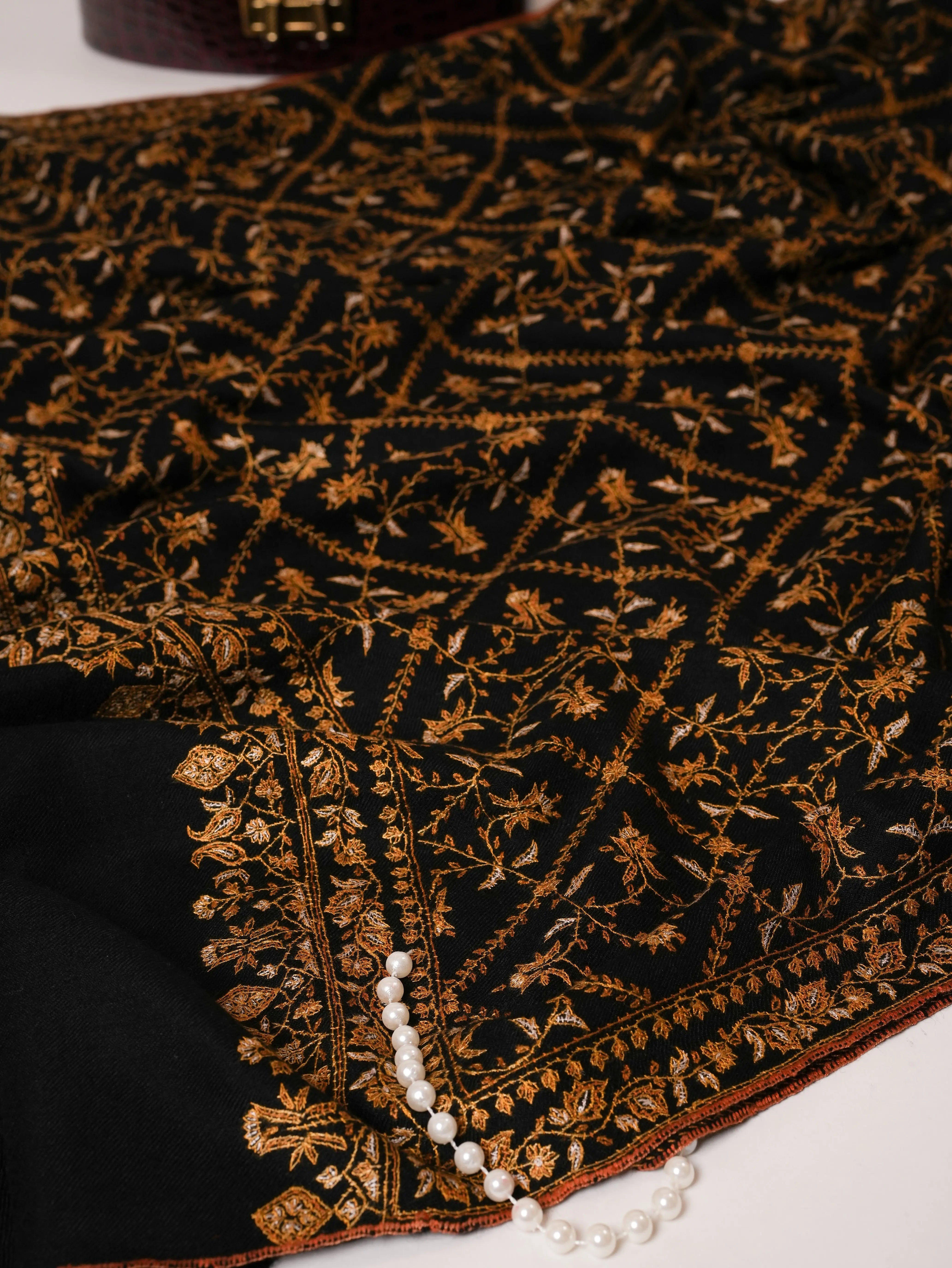 Black Pure Pashmina Shawl with Gold Hand Embroidery Shahkaar Global