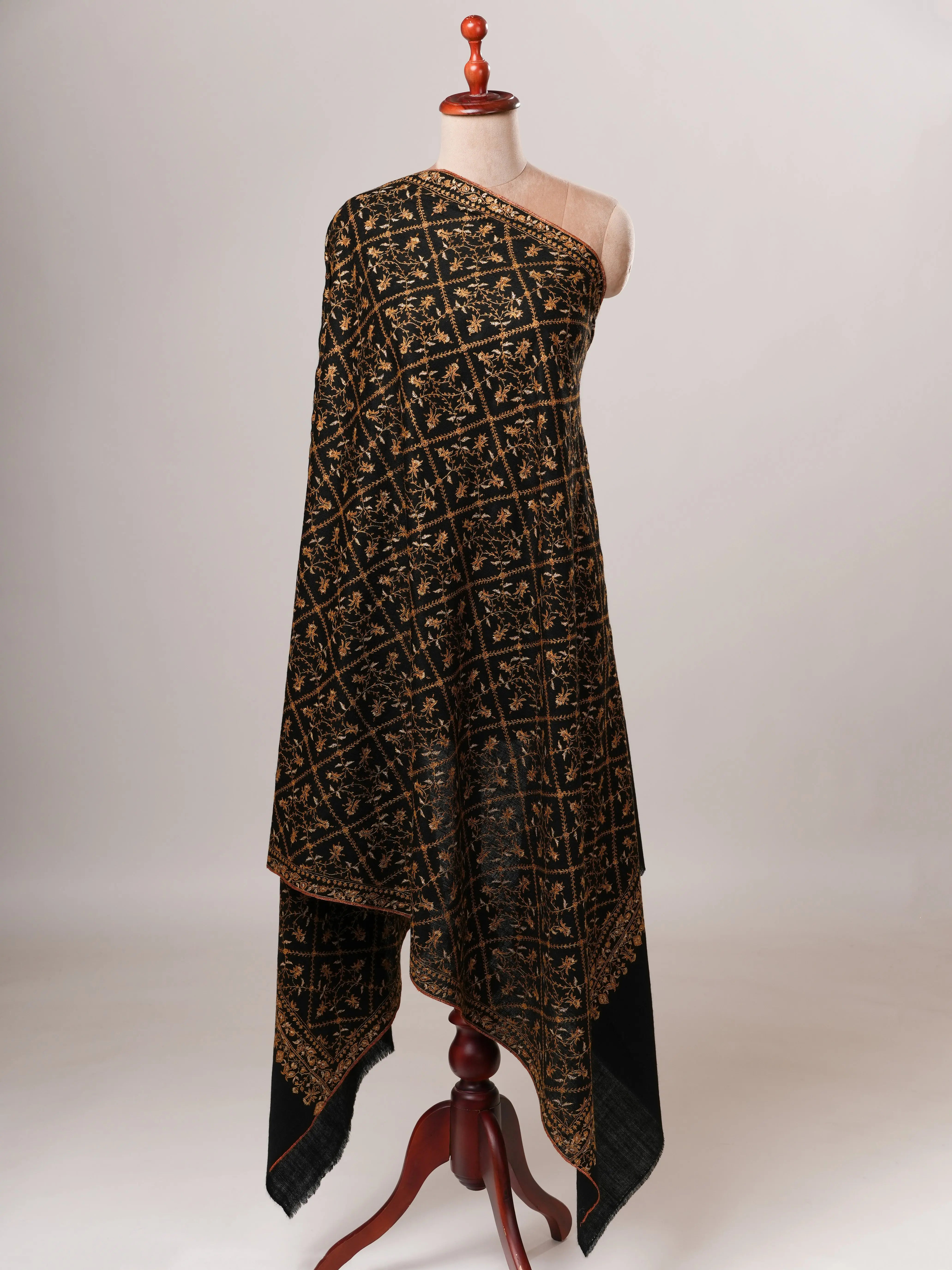 Black Pure Pashmina Shawl with Gold Hand Embroidery Shahkaar Global