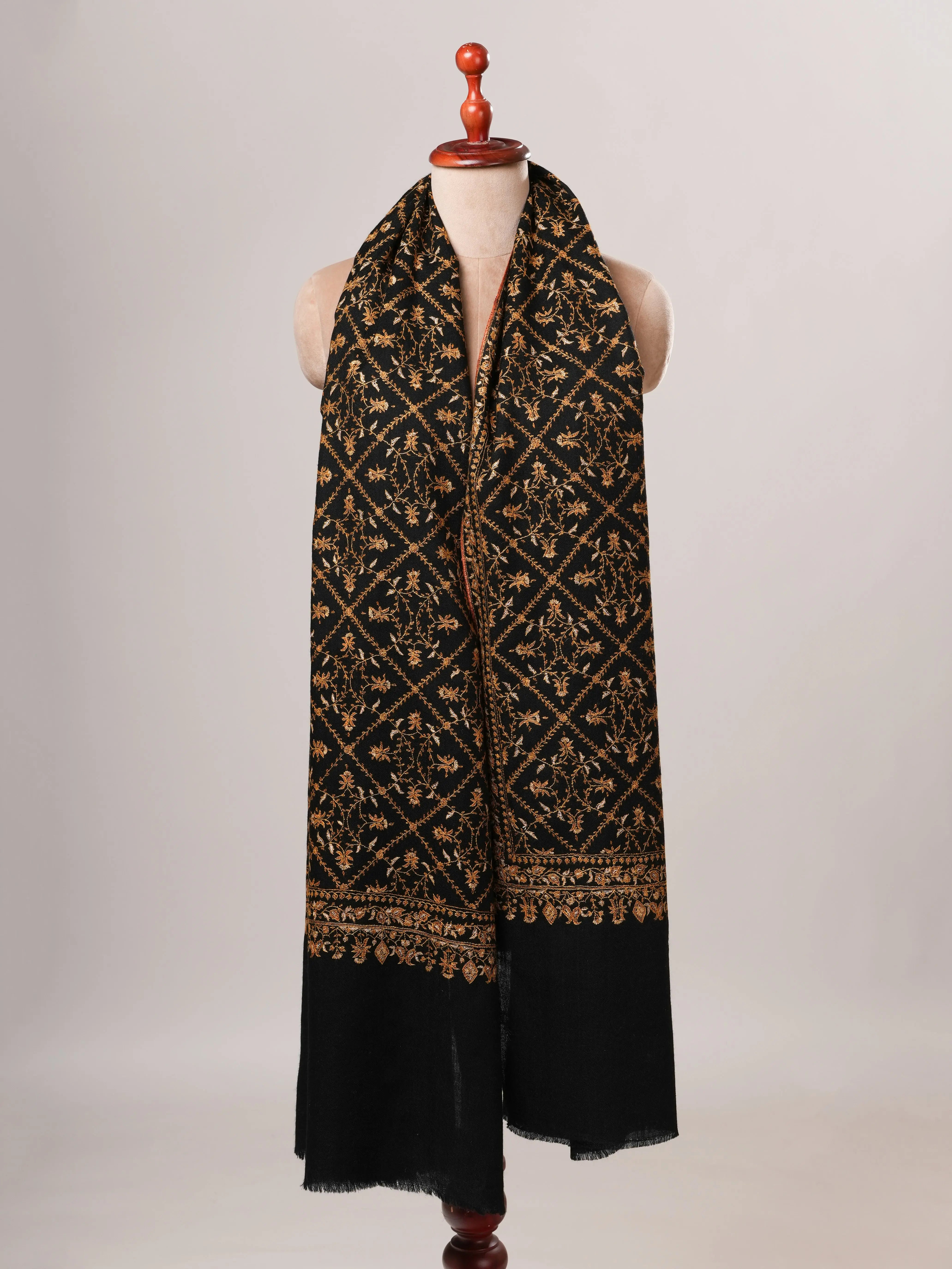 Black Pure Pashmina Shawl with Gold Hand Embroidery Shahkaar Global