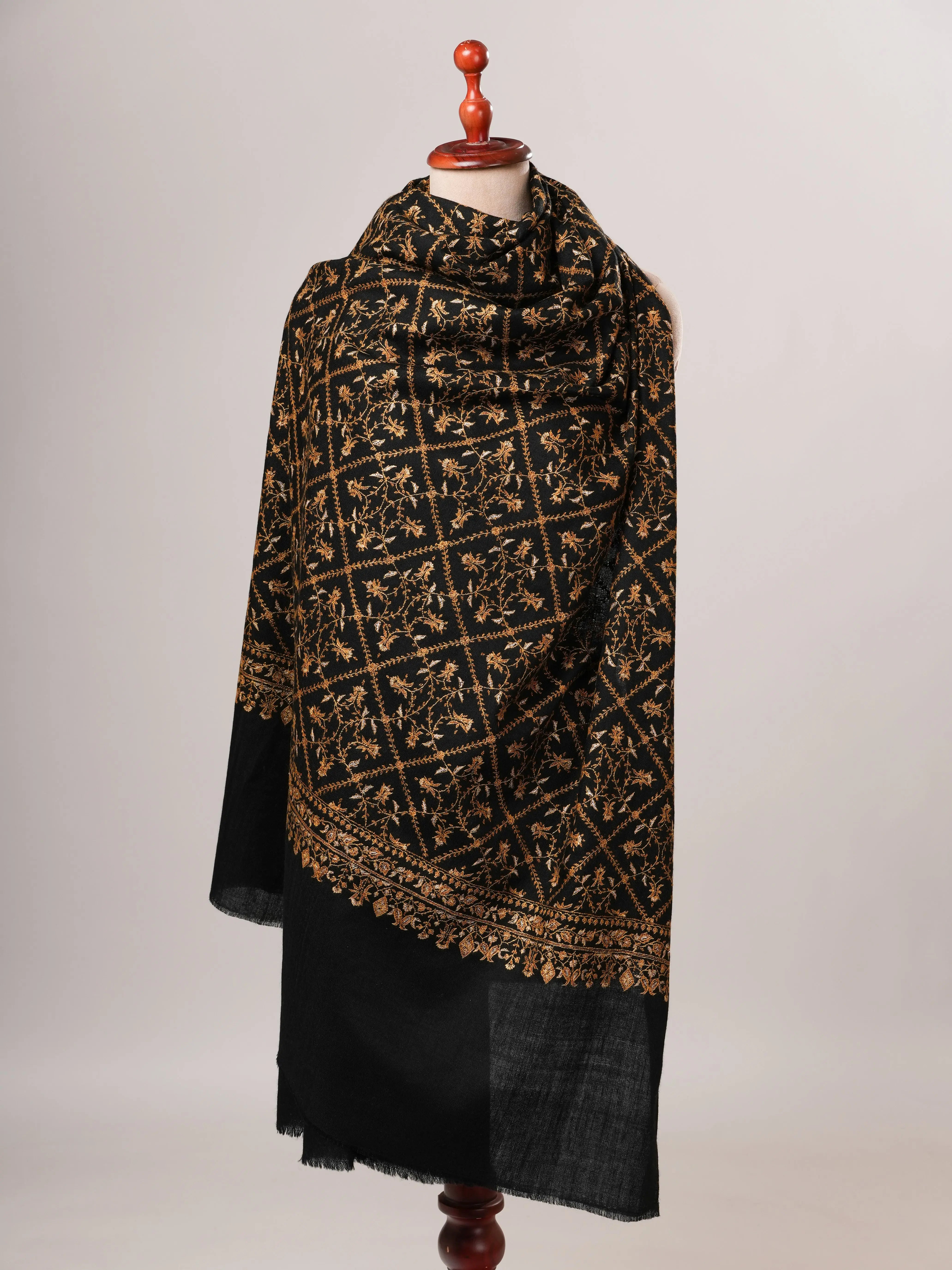 Black Pure Pashmina Shawl with Gold Hand Embroidery Shahkaar Global