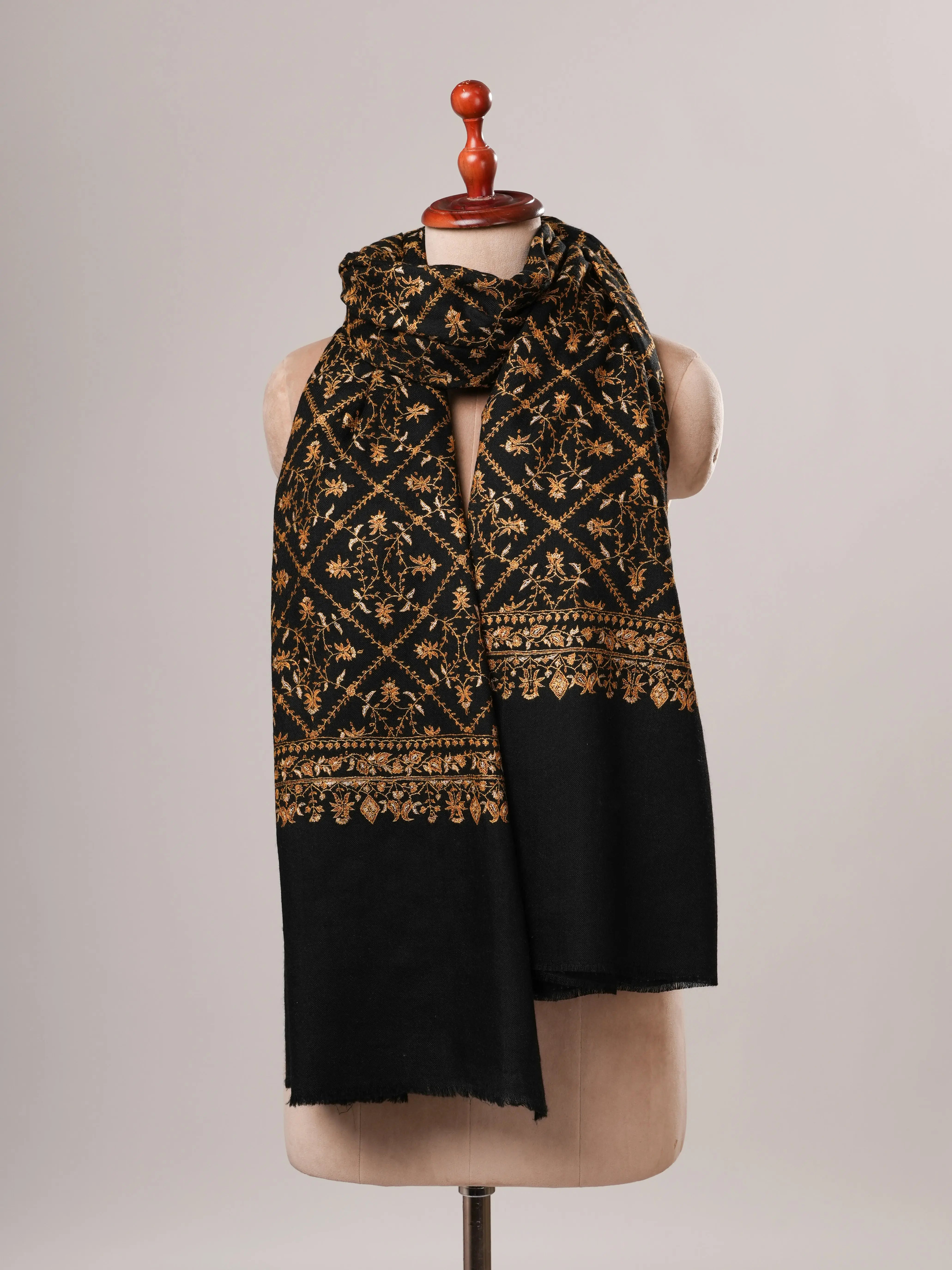 Black Pure Pashmina Shawl with Gold Hand Embroidery Shahkaar Global