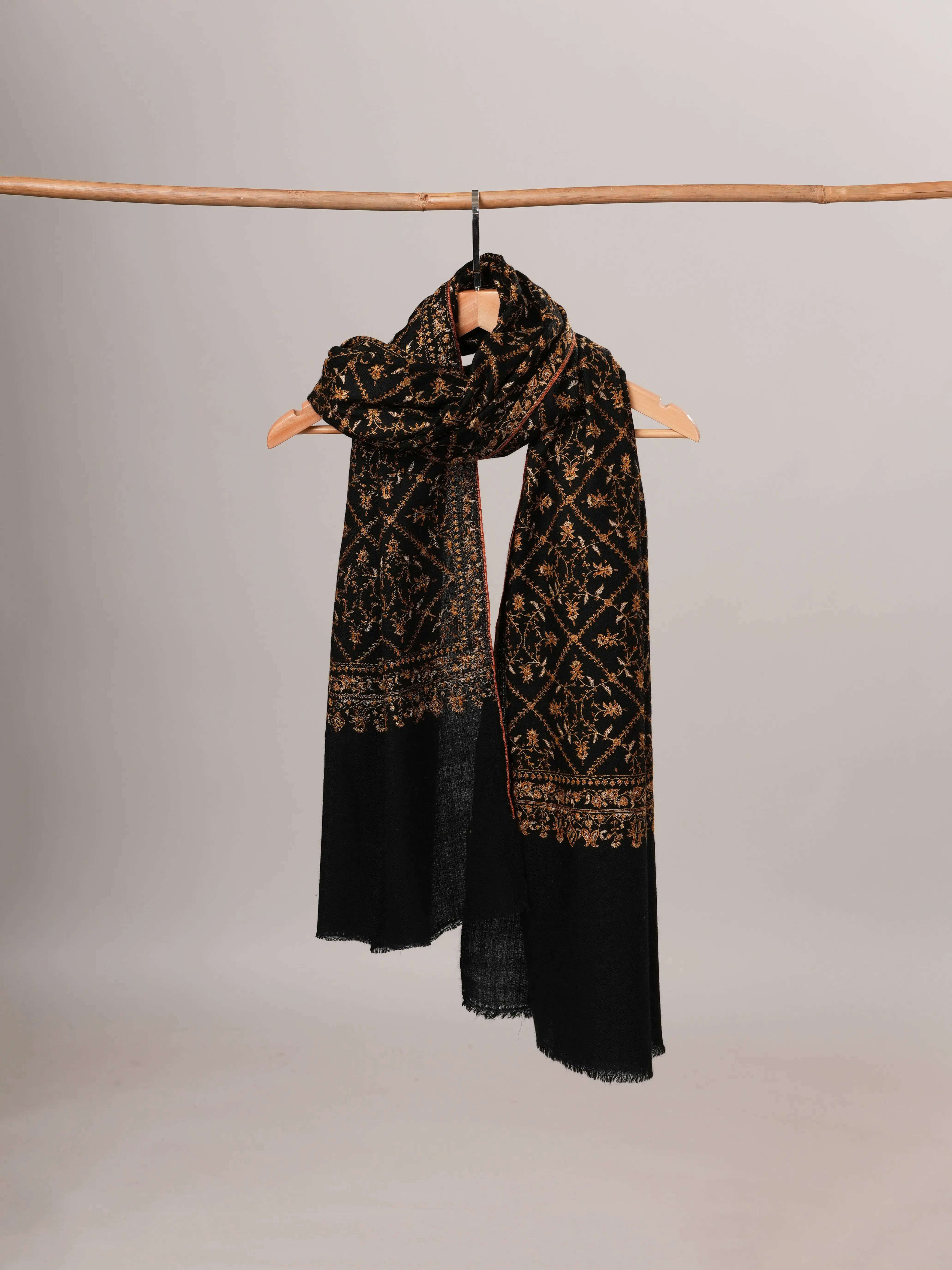 Black Pure Pashmina Shawl with Gold Hand Embroidery Shahkaar Global