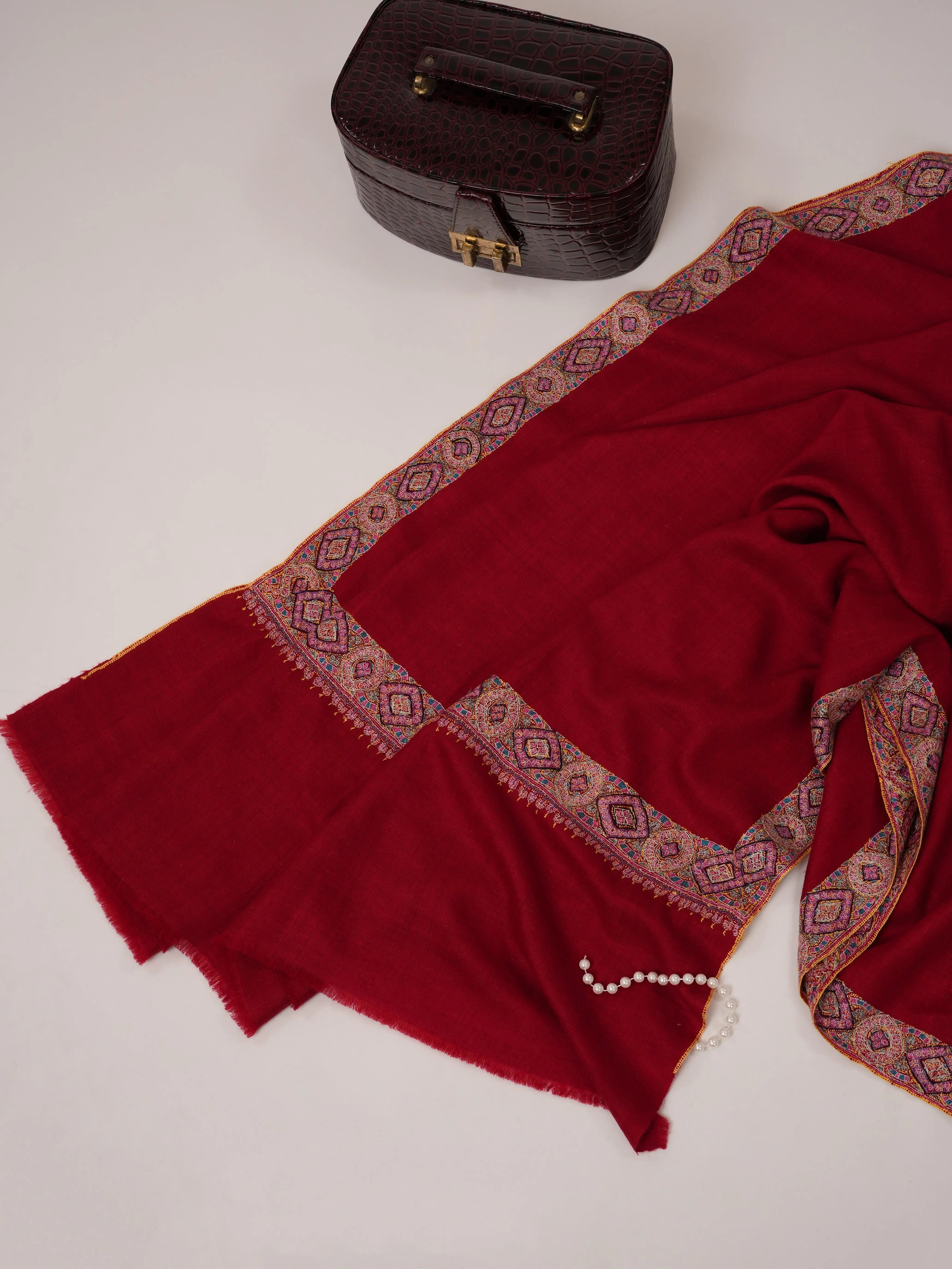 Red Neemdaur Hand Embroidered Cashmere Scarf Shahkaar.com