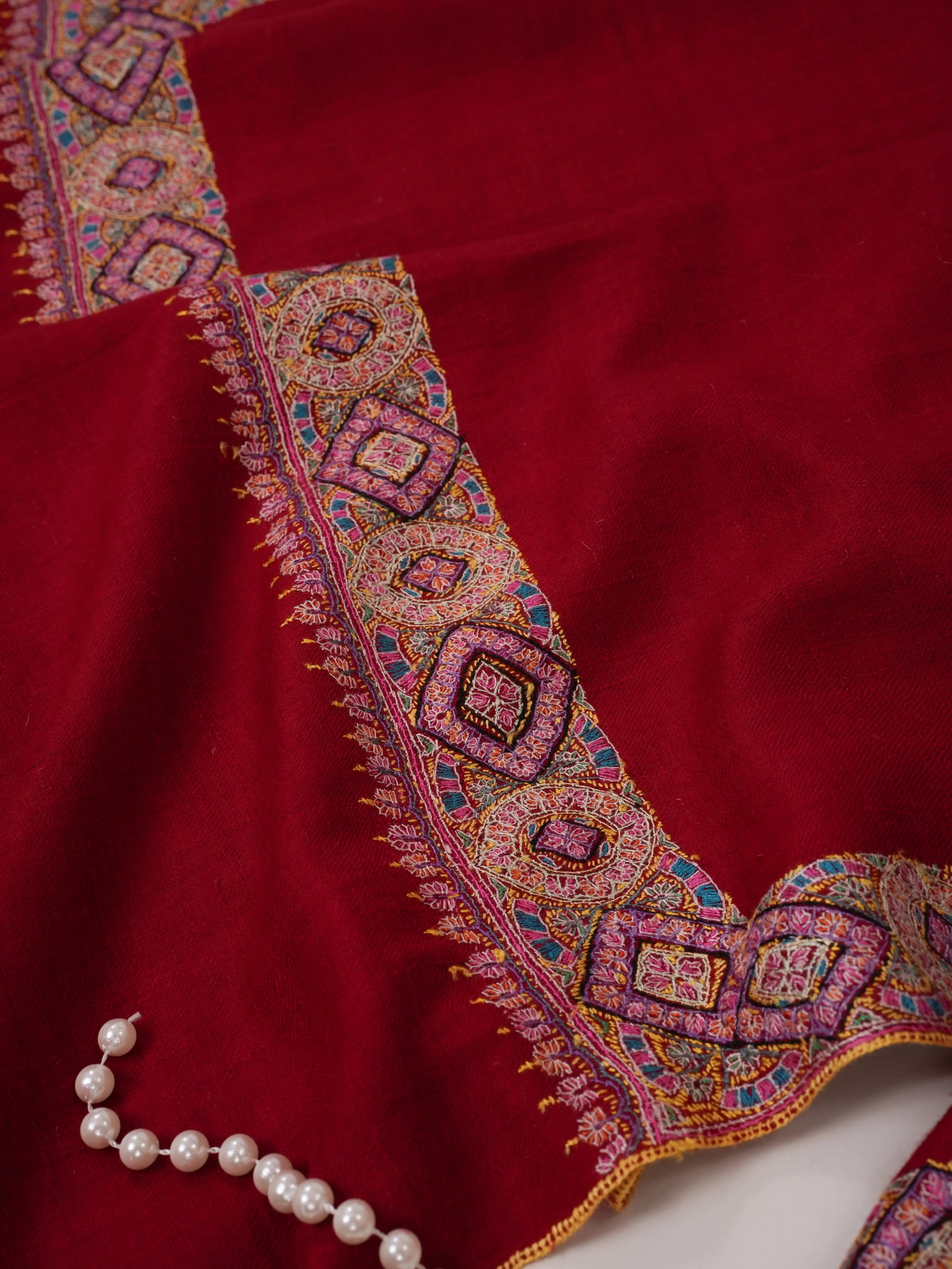 Red Neemdaur Hand Embroidered Cashmere Scarf Shahkaar.com