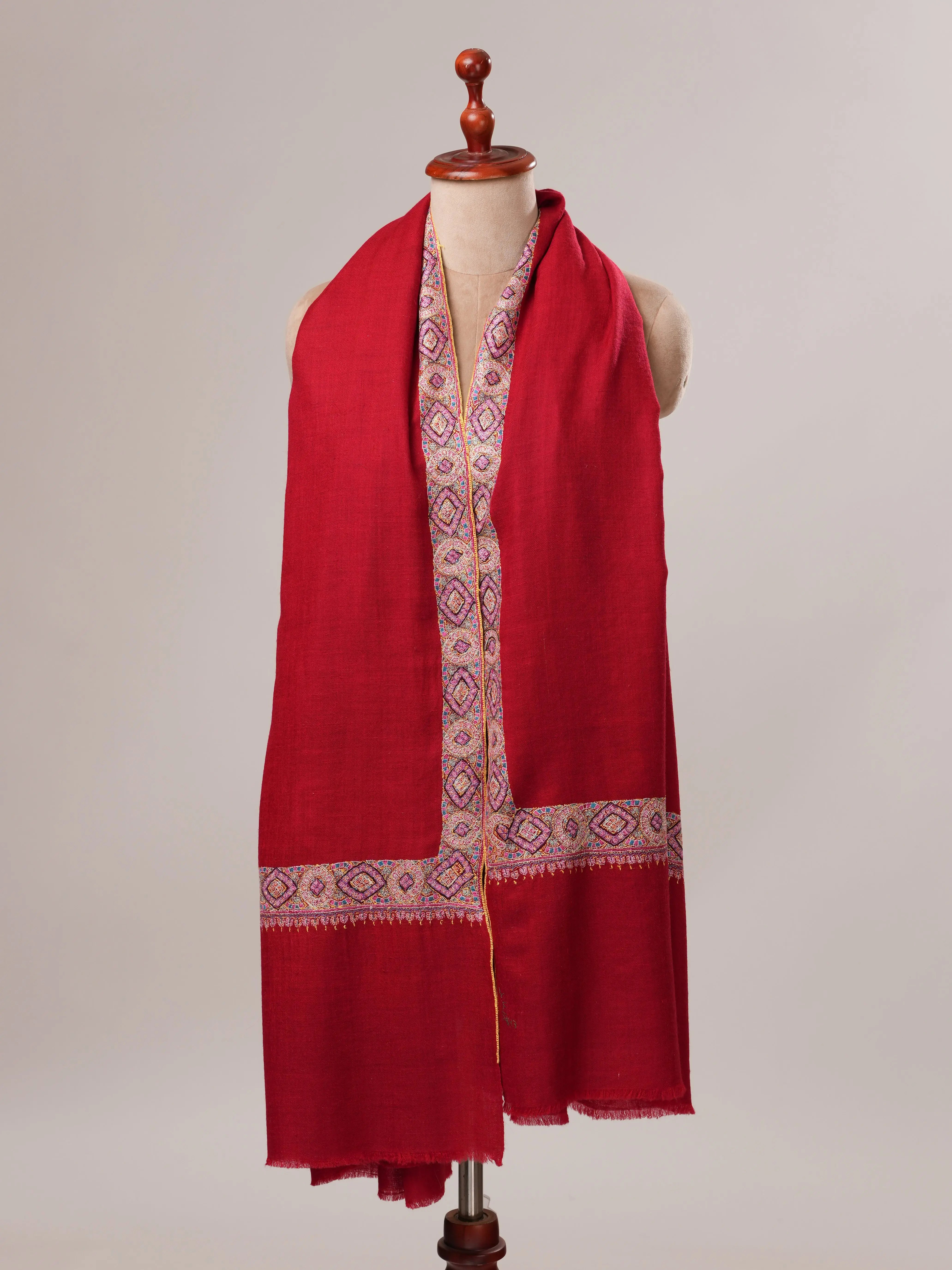 Red Neemdaur Hand Embroidered Cashmere Scarf Shahkaar.com