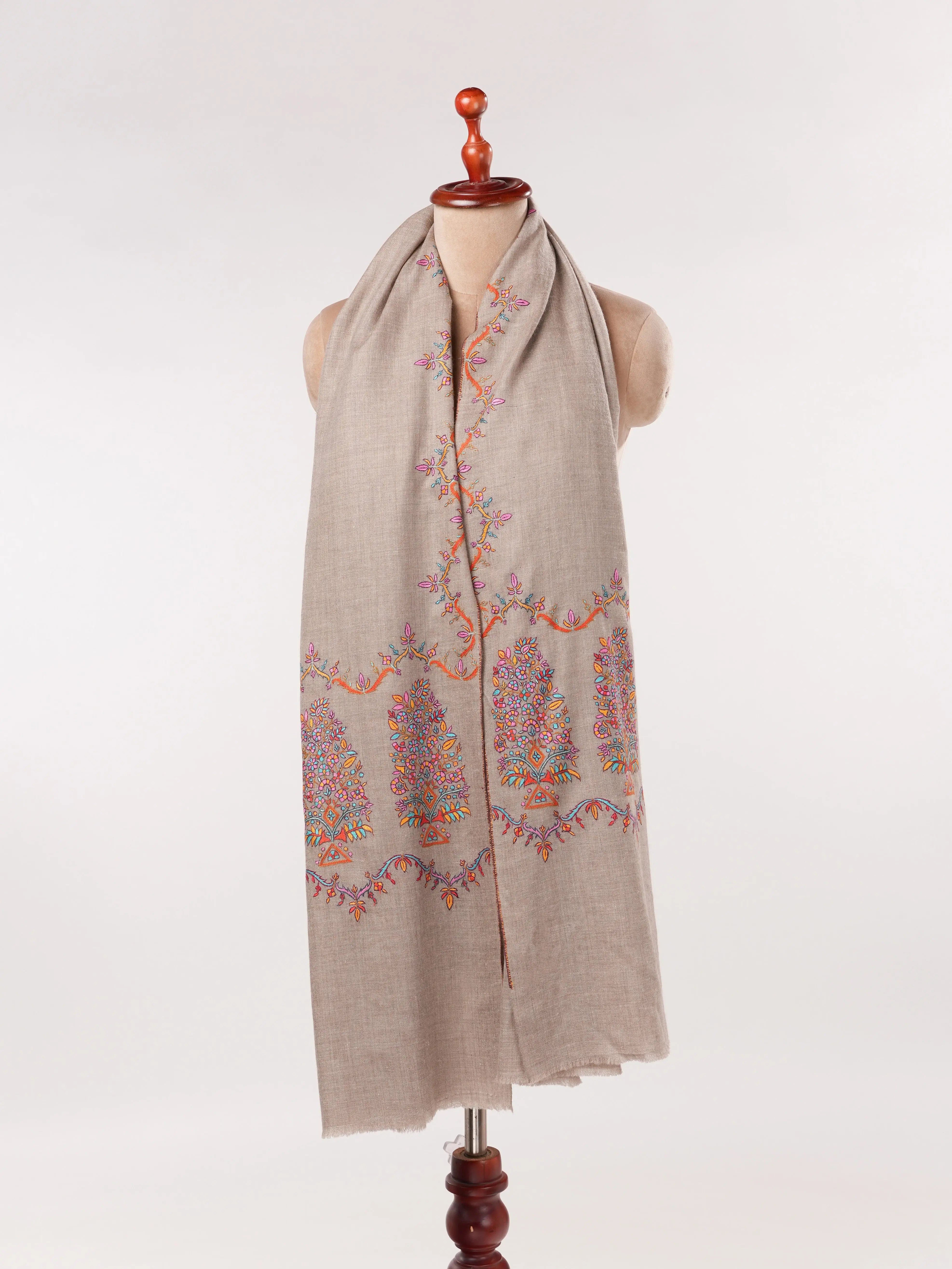 Natural Taupe Palldar Pashmina Handwoven Shawl with Delicate Sozni Embroidery Shahkaar.com