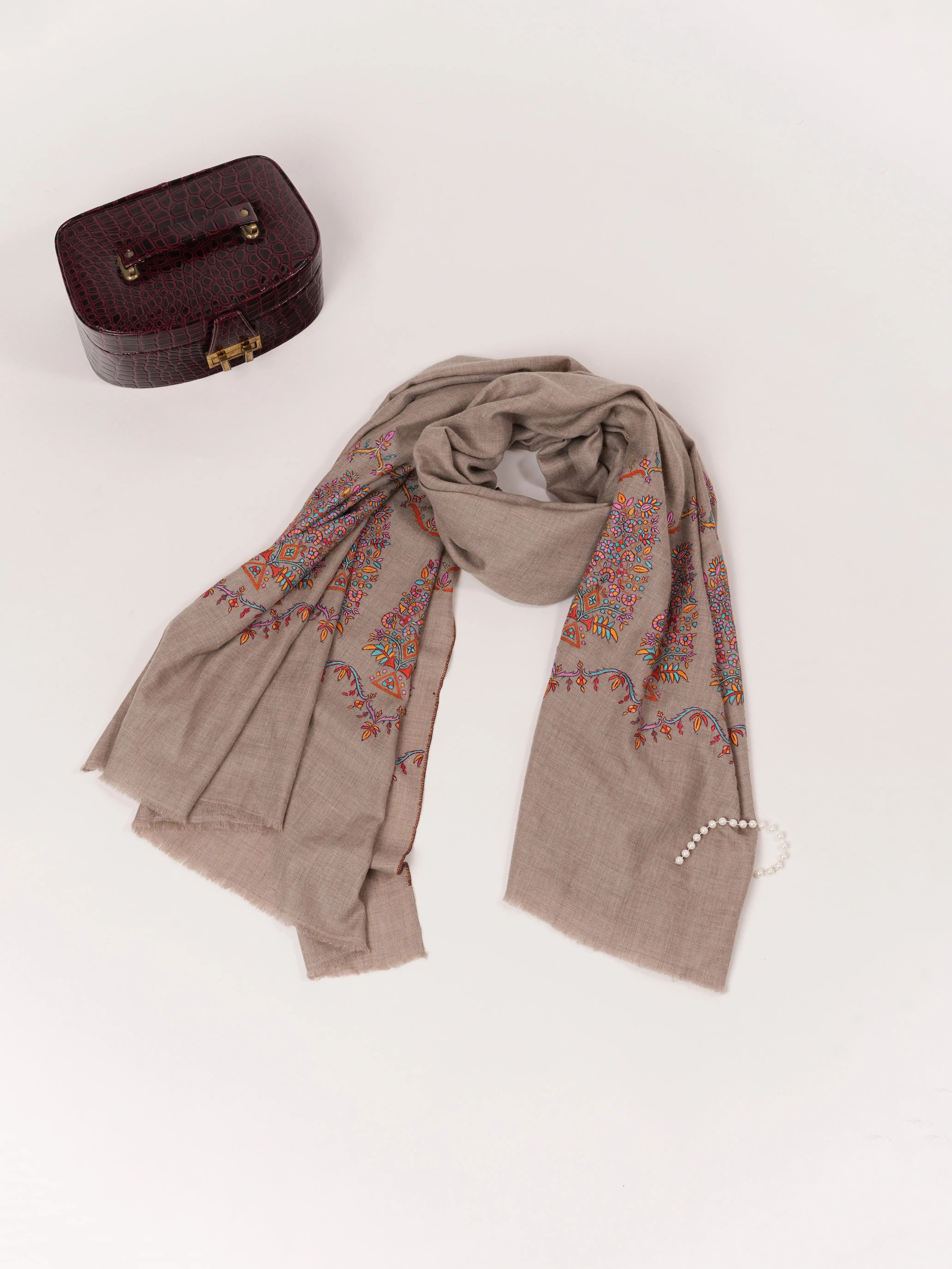 Natural Taupe Palldar Pashmina Handwoven Shawl with Delicate Sozni Embroidery Shahkaar.com
