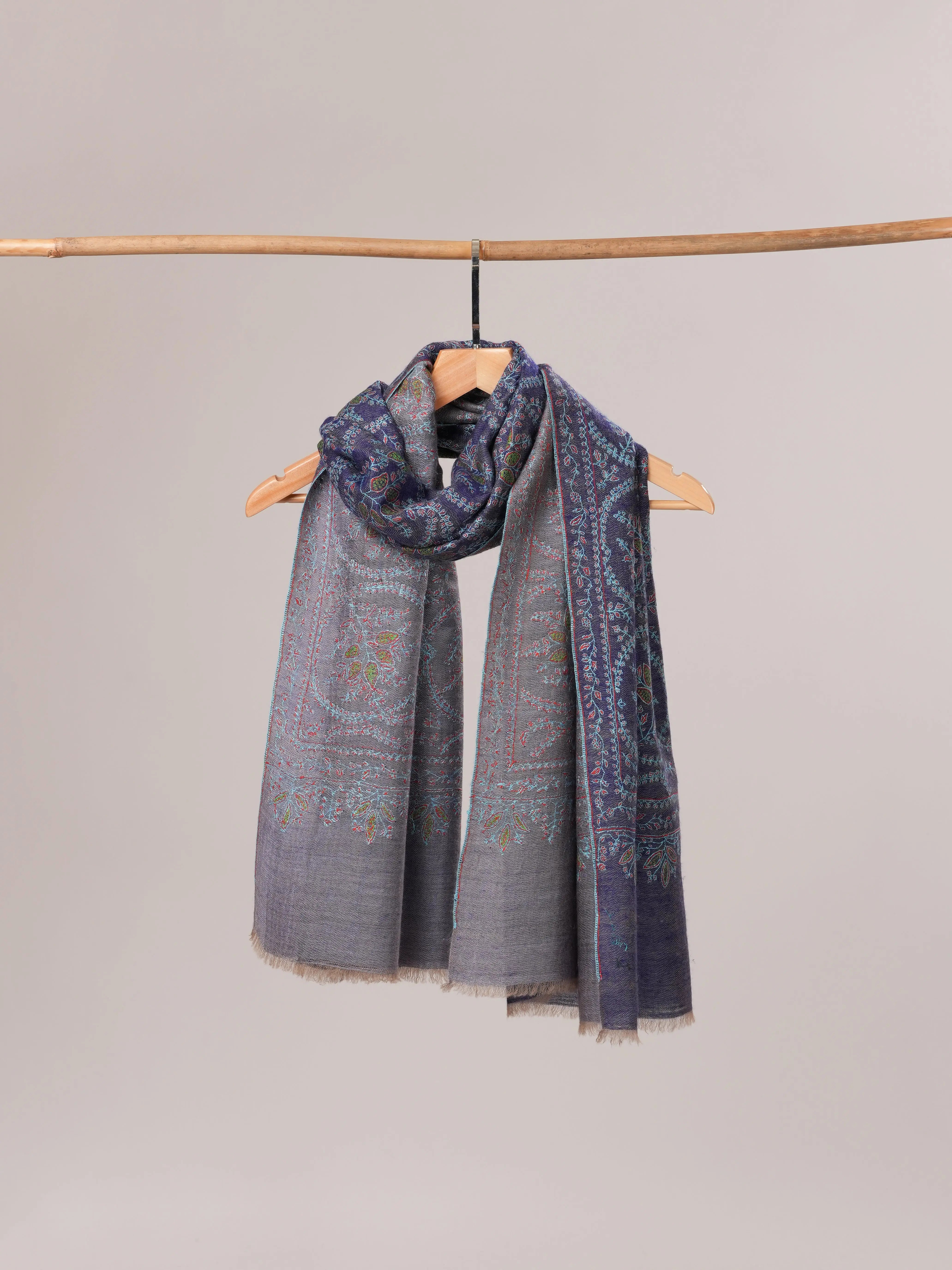 Blue Dual Tone Cashmere Scarf with Jali Hand Embroidery Shahkaar.com
