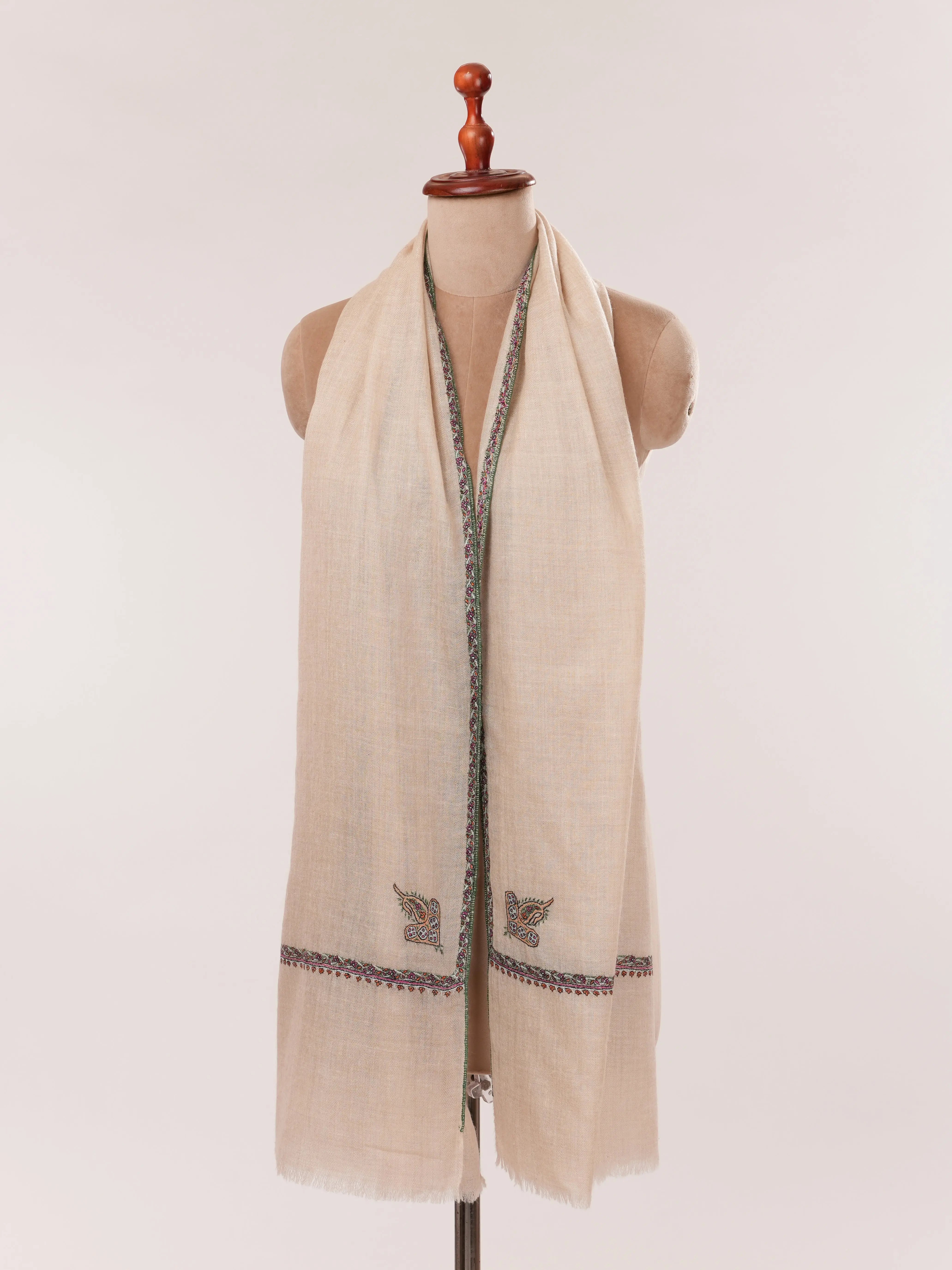 Natural Off-White Handloomed Baby Soft Embroidered Cashmere Scarf Shahkaar.com