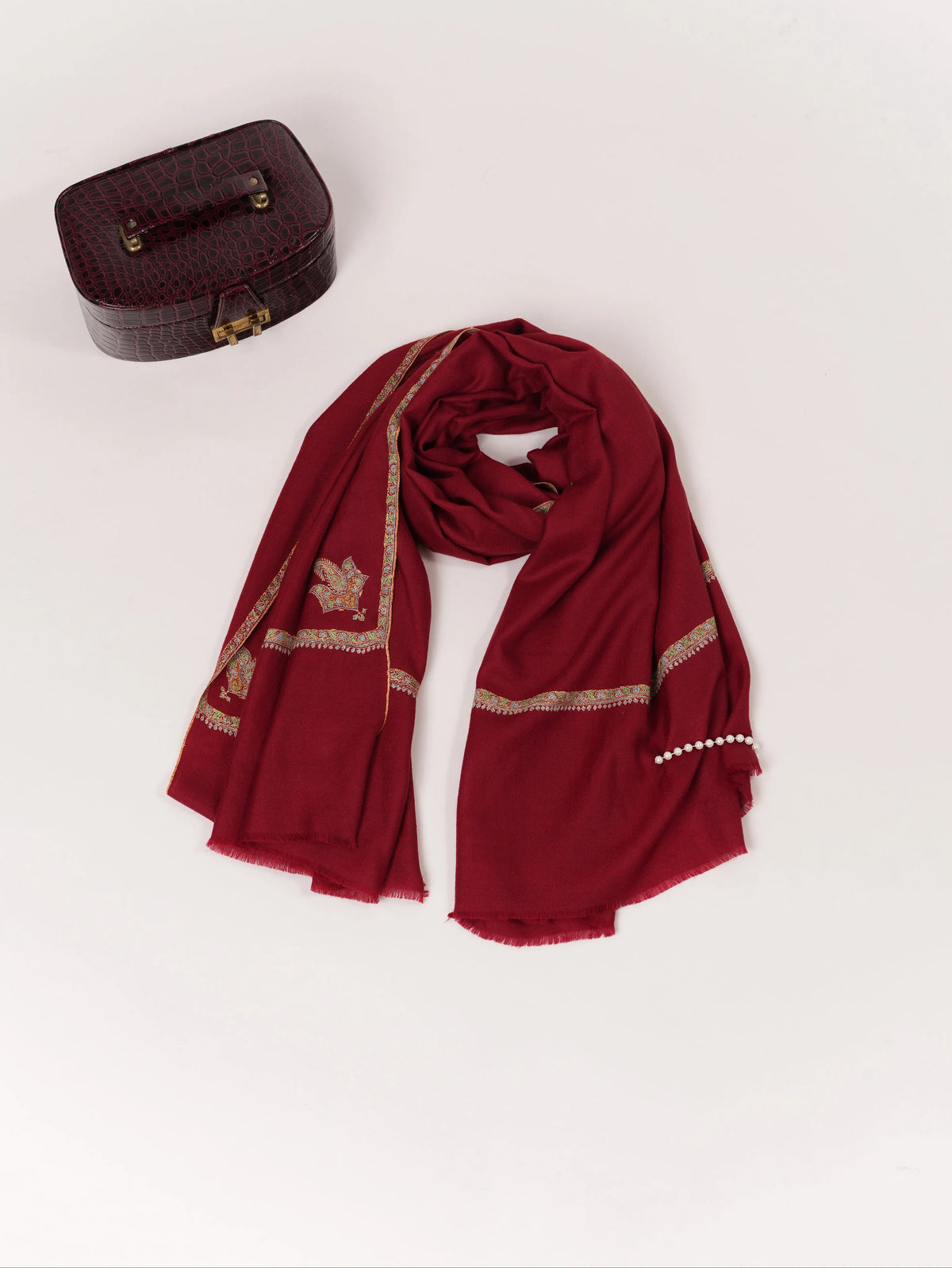 Burgundy Handwoven Featherlight Pashmina Shawl with Kashmiri Baildar Embroidery Shahkaar.com