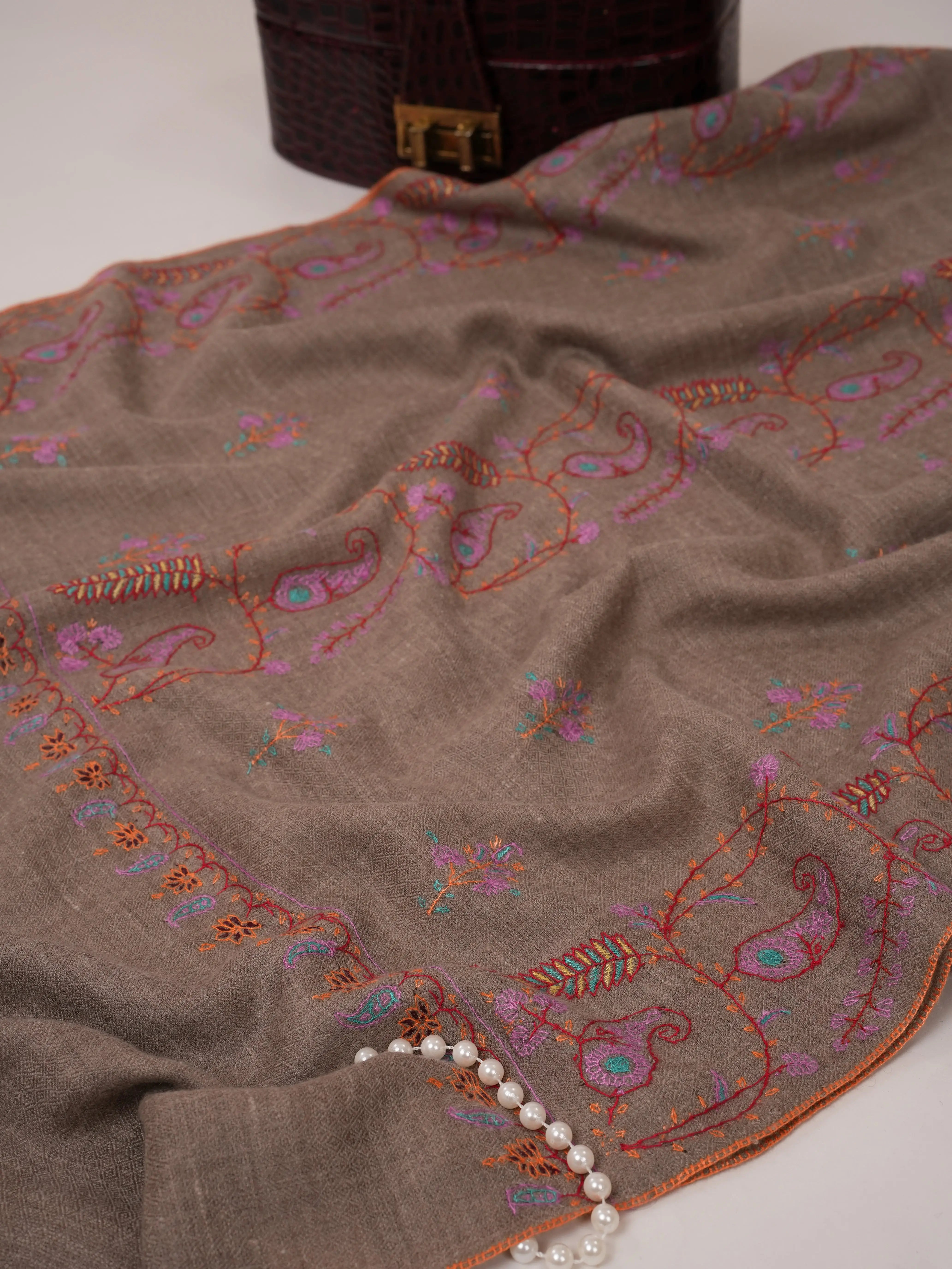 Natural Grey Cashmere Scarf with All Over Hand Embroidery Shahkaar.com