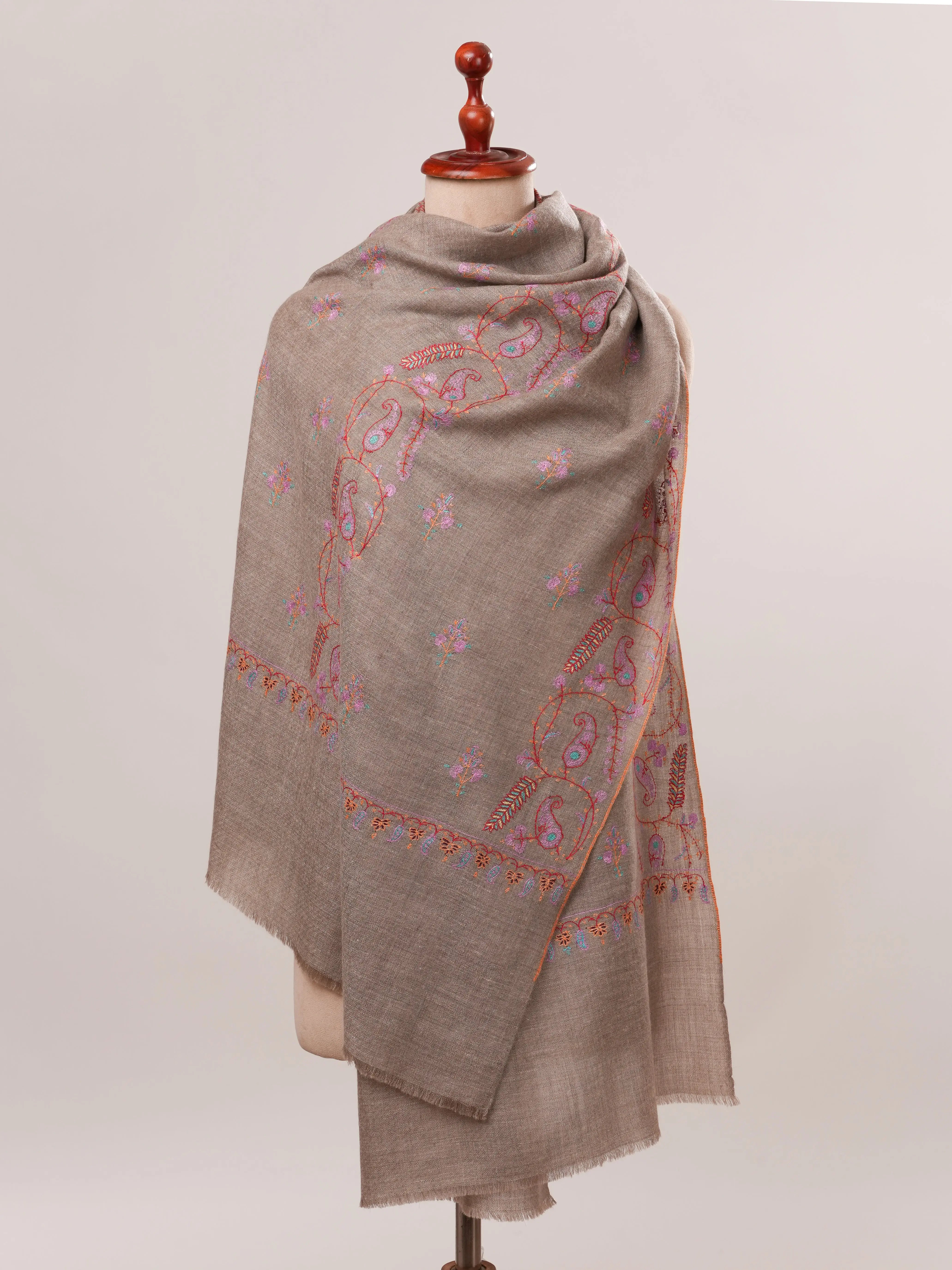Natural Grey Cashmere Scarf with All Over Hand Embroidery Shahkaar.com