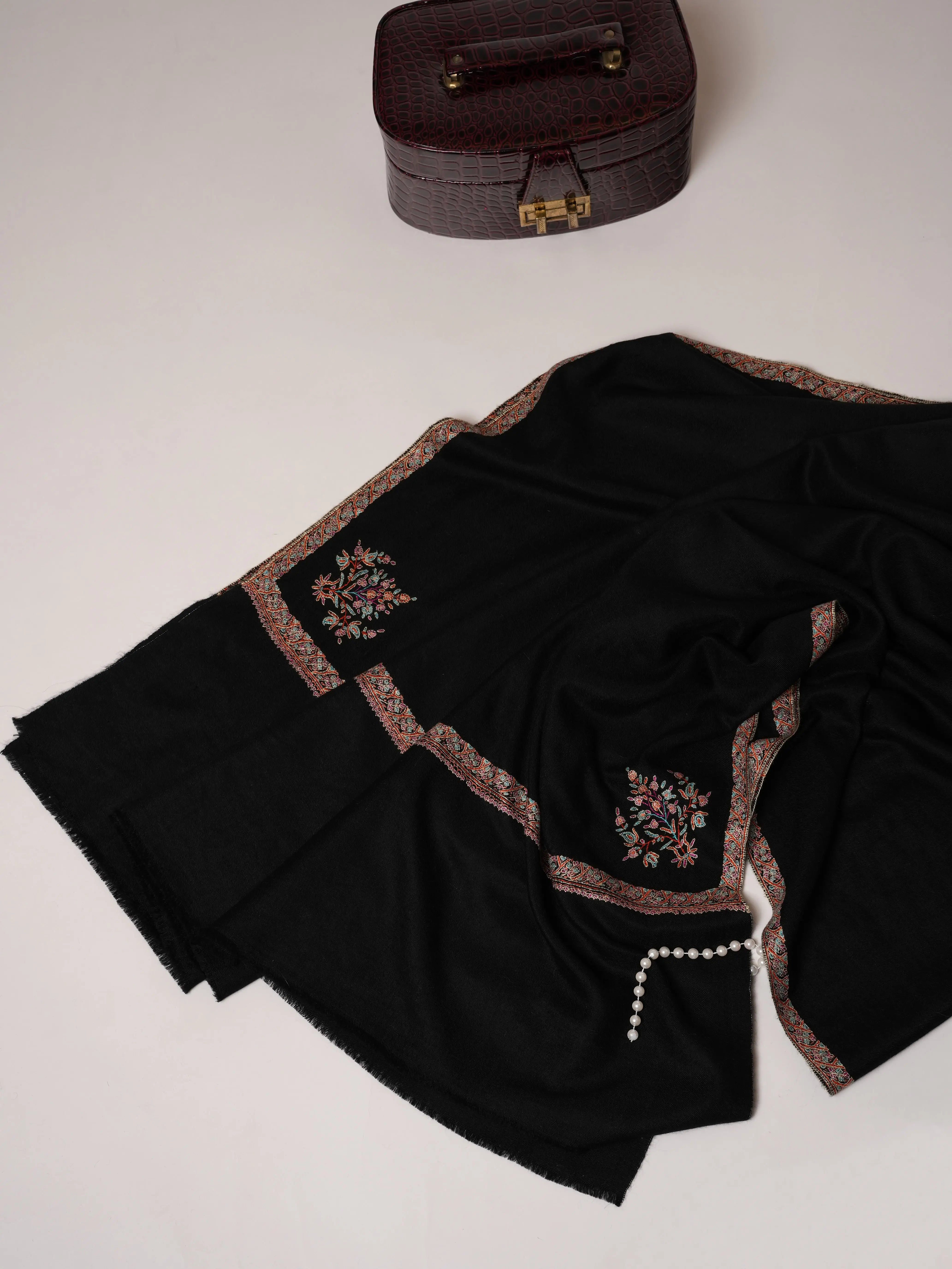 Black Classic Hashia Hand Embroidered Pashmina Shawl Shahkaar.com