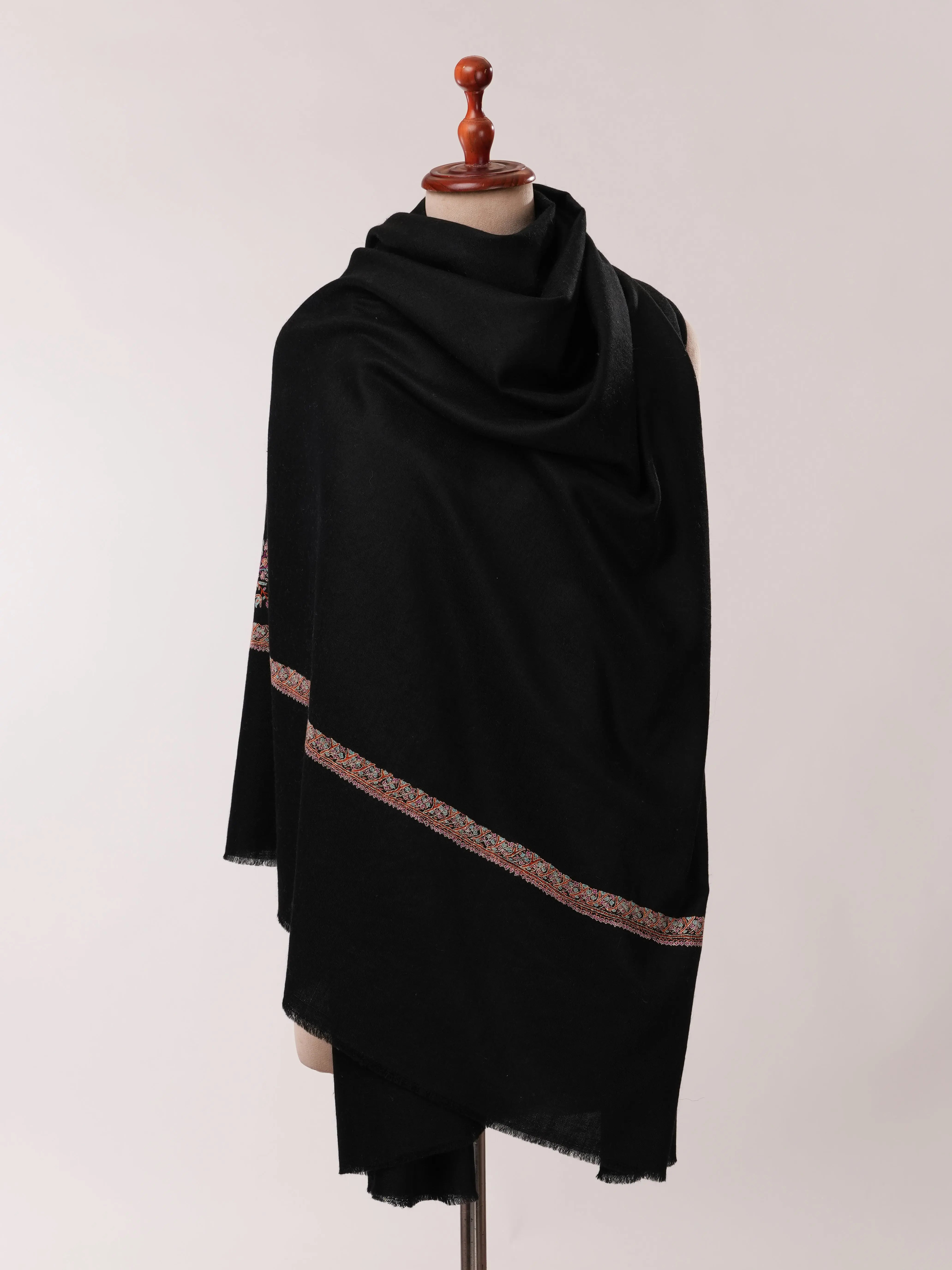 Black Classic Hashia Hand Embroidered Pashmina Shawl Shahkaar.com