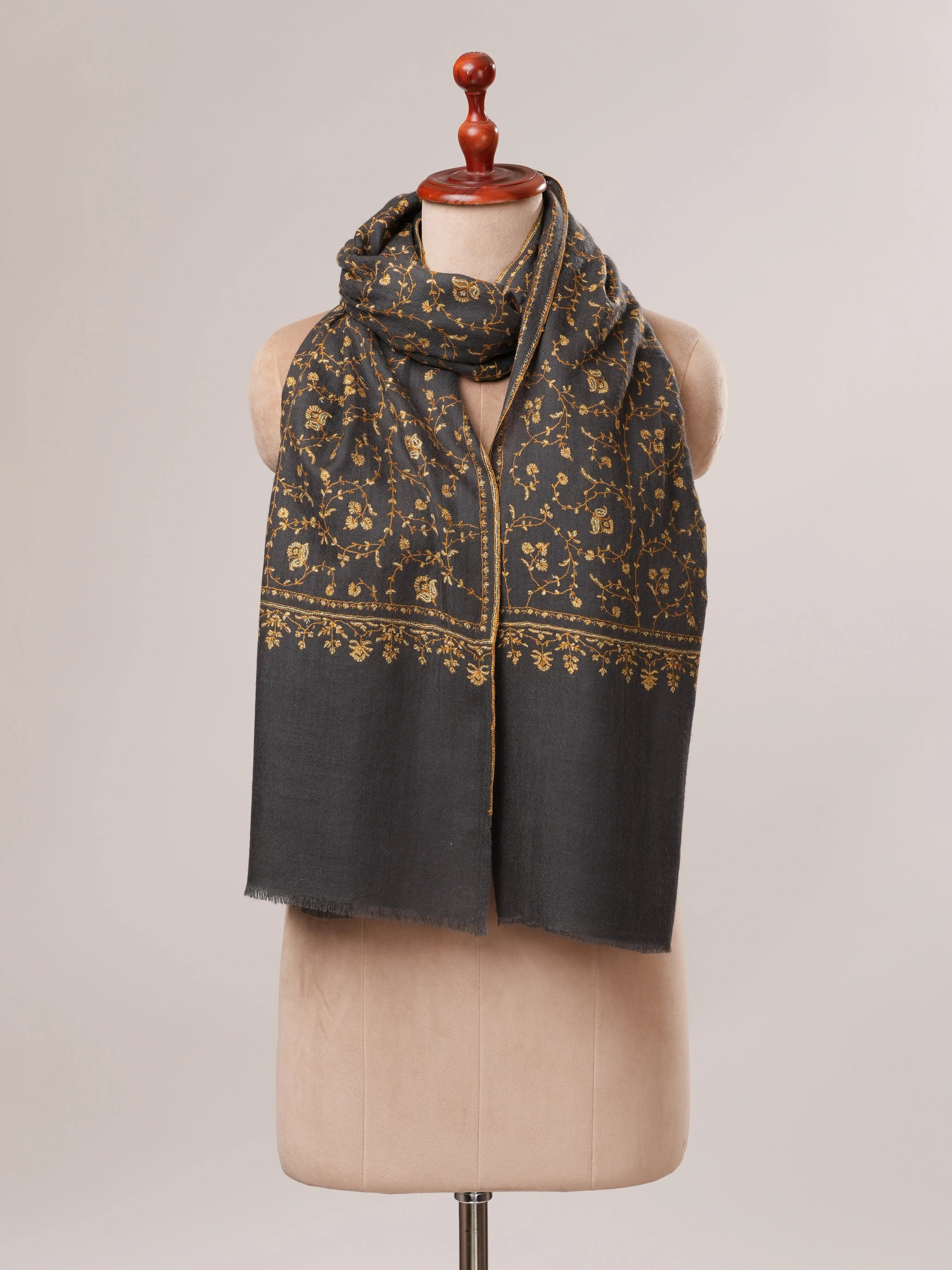 Grey Cashmere Scarf with Jali Hand Embroidery Shahkaar.com