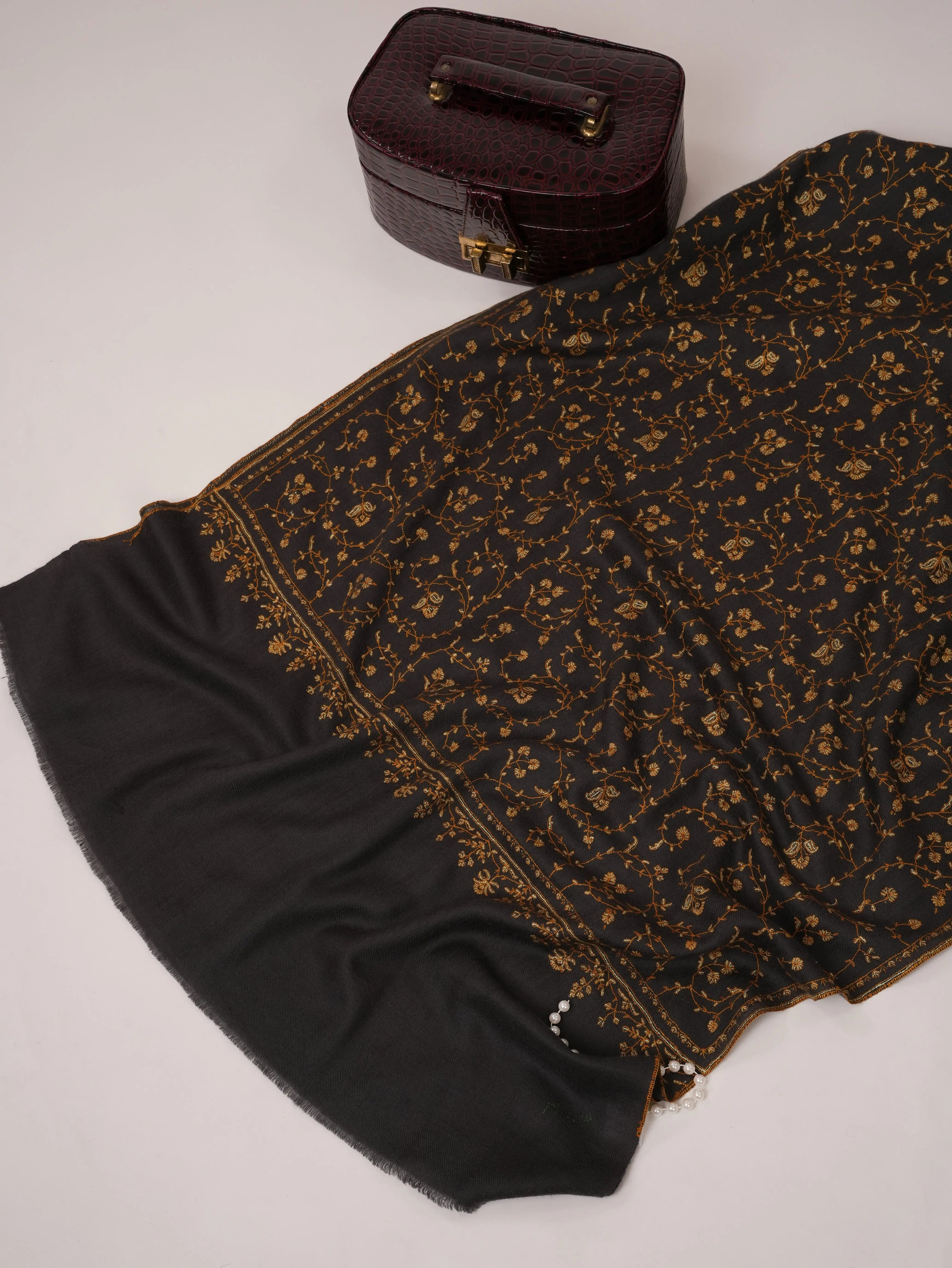 Grey Cashmere Scarf with Jali Hand Embroidery Shahkaar.com