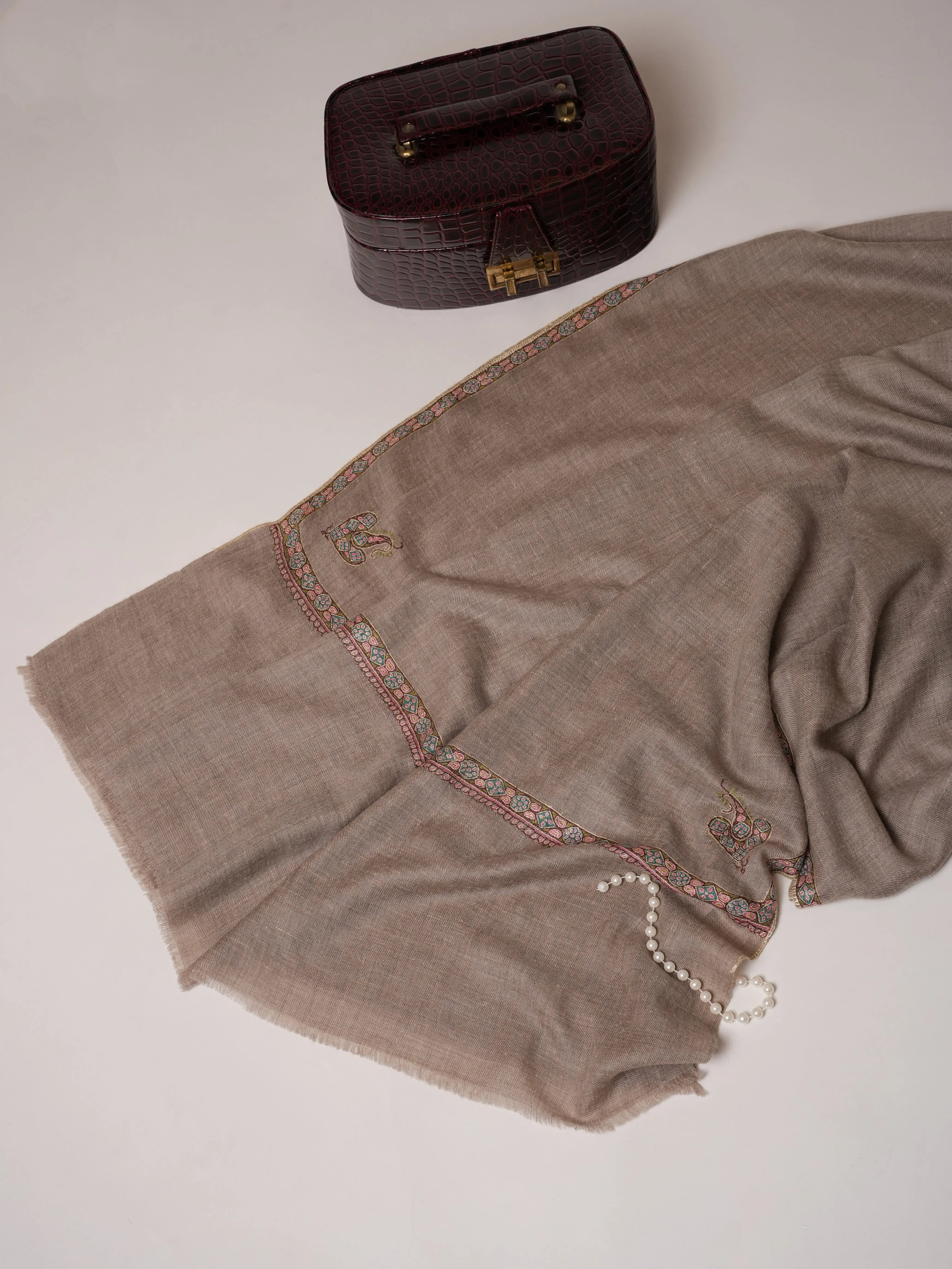 Natural Grey Authentic Pashmina Shawl with Classic Hashia Hand Embroidery Shahkaar.com