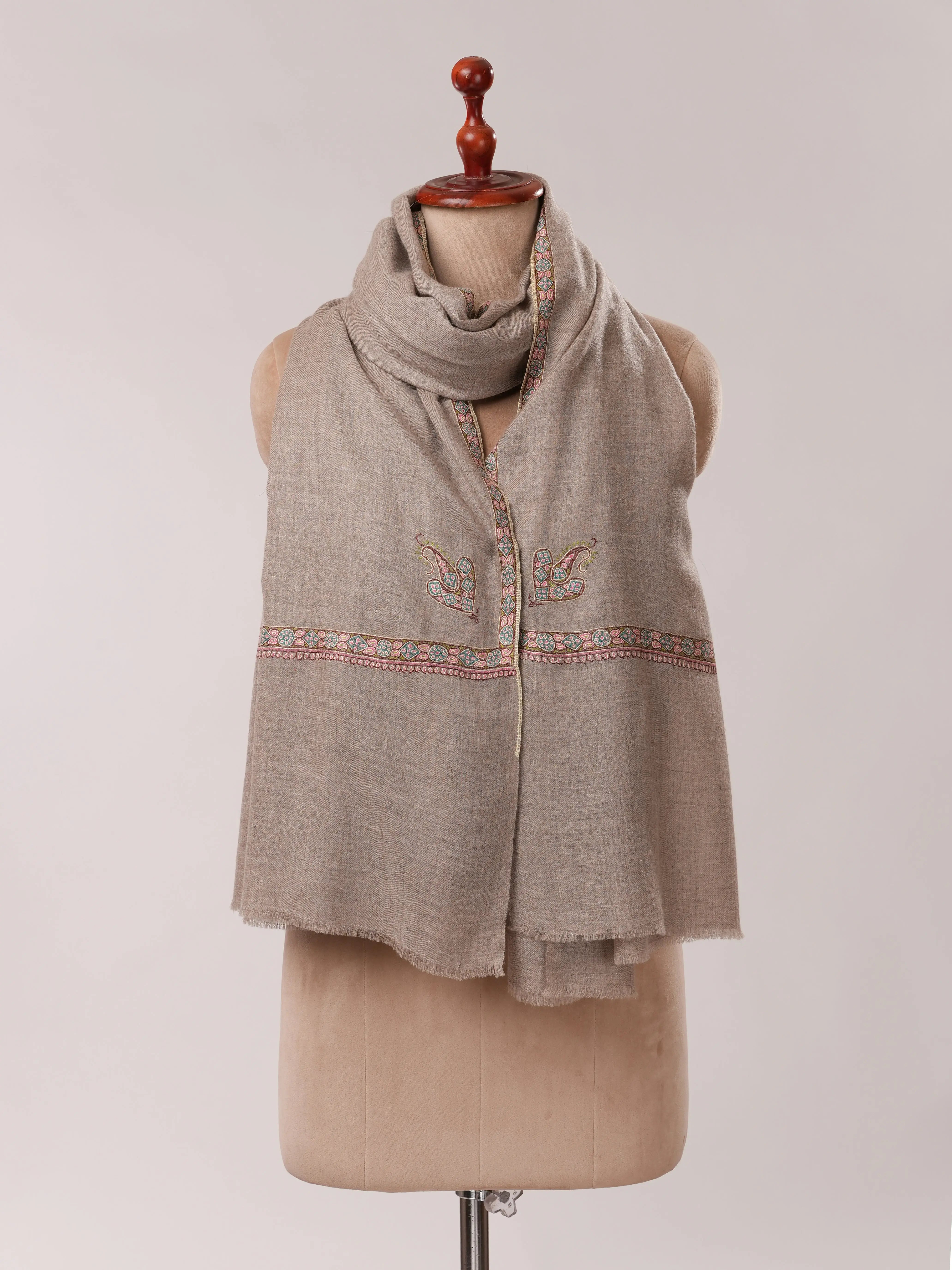 Natural Grey Authentic Pashmina Shawl with Classic Hashia Hand Embroidery Shahkaar.com