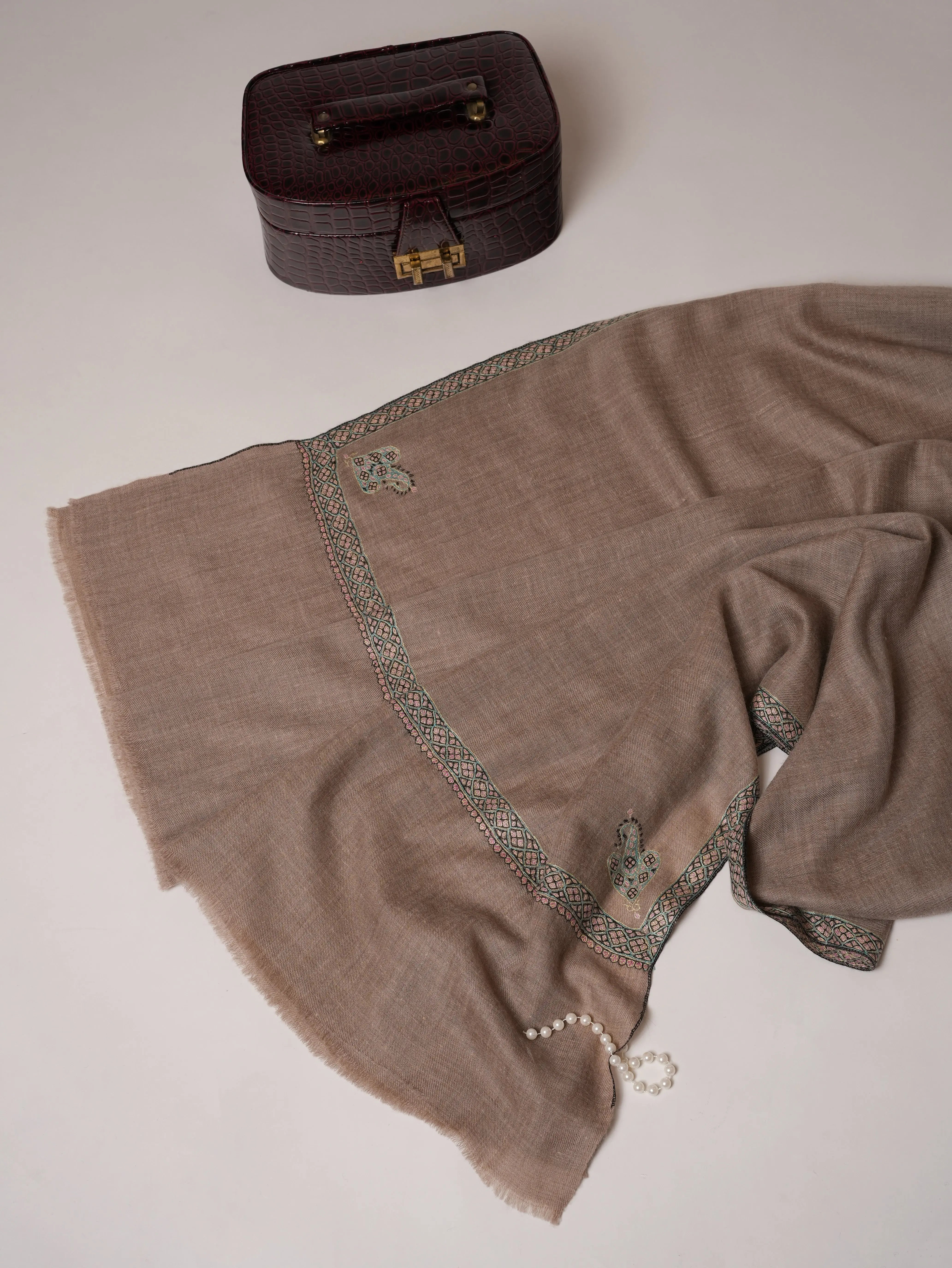 Natural Grey Pashmina Shawl with Hashia Hand Sozni Embroidery Shahkaar.com
